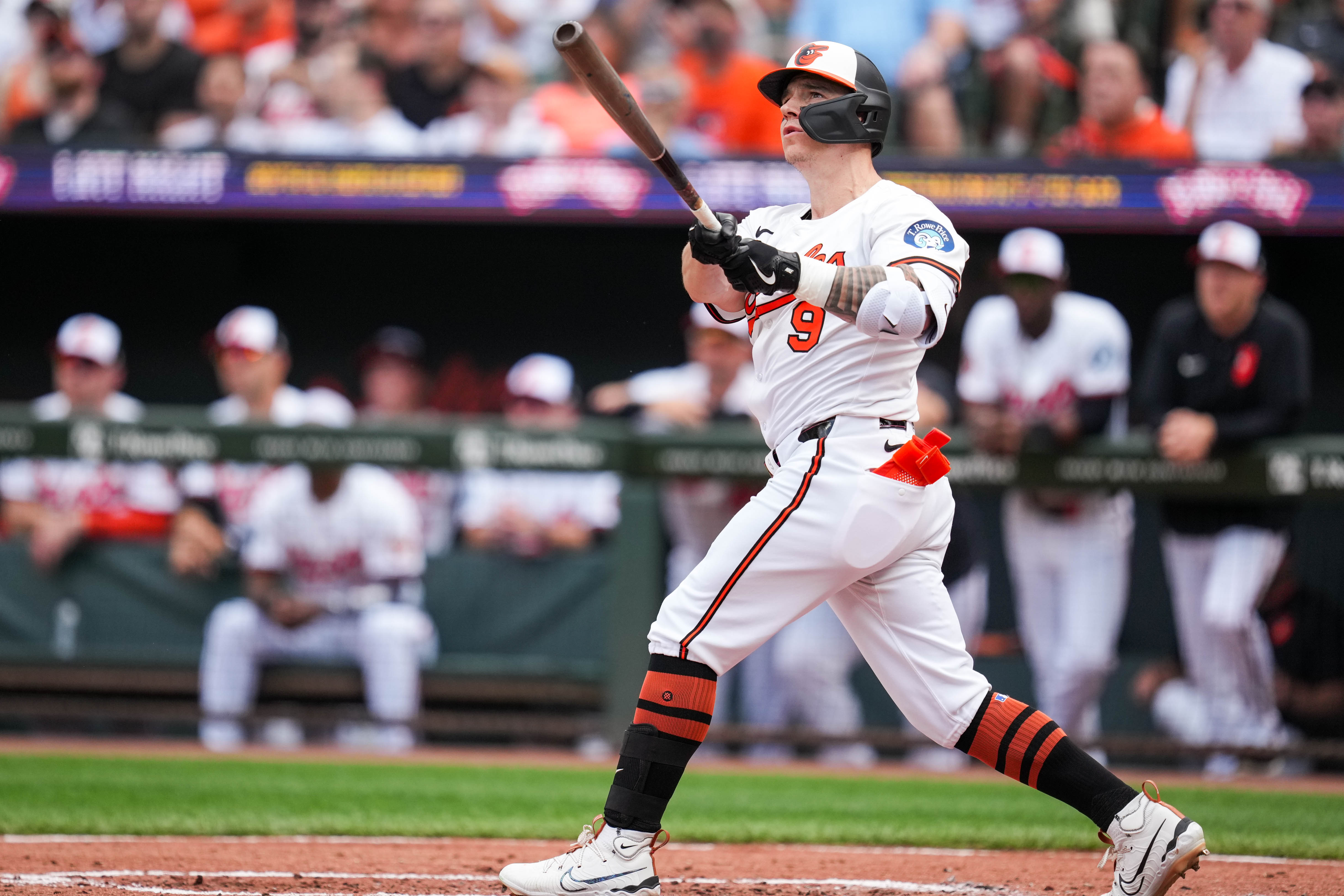 Baltimore Orioles outfielder Tyler O'Neill (9) connects with a pitch during the team’s home opening game against the Boston Red Sox at Oriole Park at Camden Yards in Baltimore, Md. on Monday, March 31, 2025.
