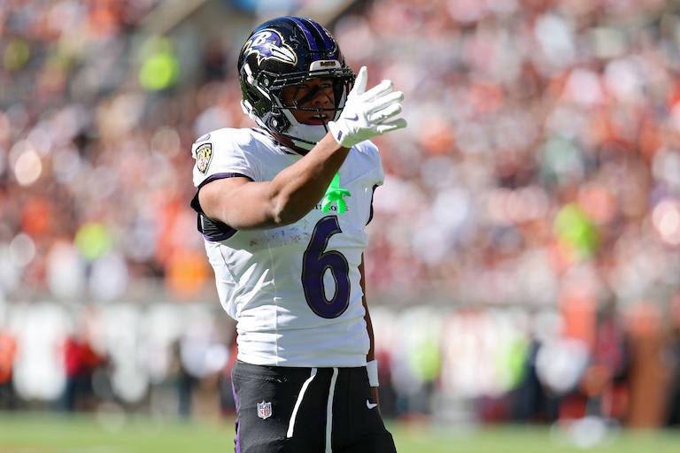 CLEVELAND, OHIO - OCTOBER 18: Ja'kobi Lane #6 of the Baltimore Ravens celebrates a first down against the Cleveland Browns during the first quarter of the game at Huntington Bank Field on October 18, 2026 in Cleveland, Ohio. (Photo by Gregory Shamus/Getty Images)