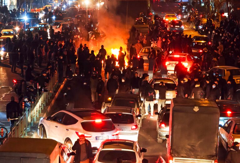 TEHRAN, IRAN - JANUARY 8: People gather during protest on January 8, 2026 in Tehran, Iran. Demonstrations have been ongoing since December, triggered by soaring inflation and the collapse of the rial, and have expanded into broader demands for political change.