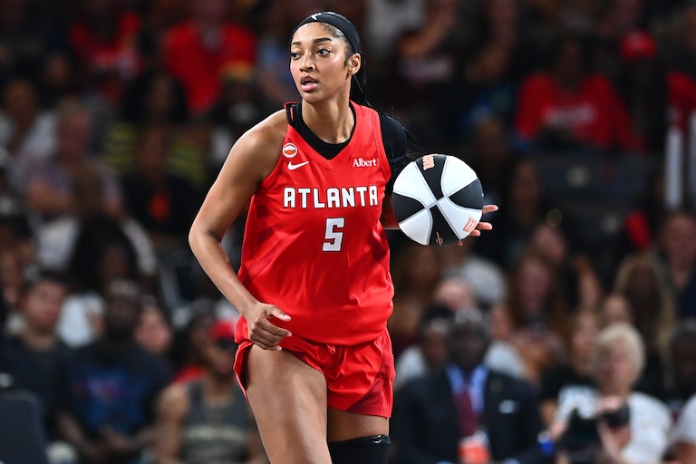 COLLEGE PARK, GEORGIA - JUNE 11: Angel Reese #5 of the Atlanta Dream brings the ball up the court against the New York Liberty during the fourth quarter at Gateway Center Arena on June 11, 2026 in College Park, Georgia. NOTE TO USER: User expressly acknowledges and agrees that, by downloading and or using this photograph, User is consenting to the terms and conditions of the Getty Images License Agreement. (Photo by Paras Griffin/Getty Images)