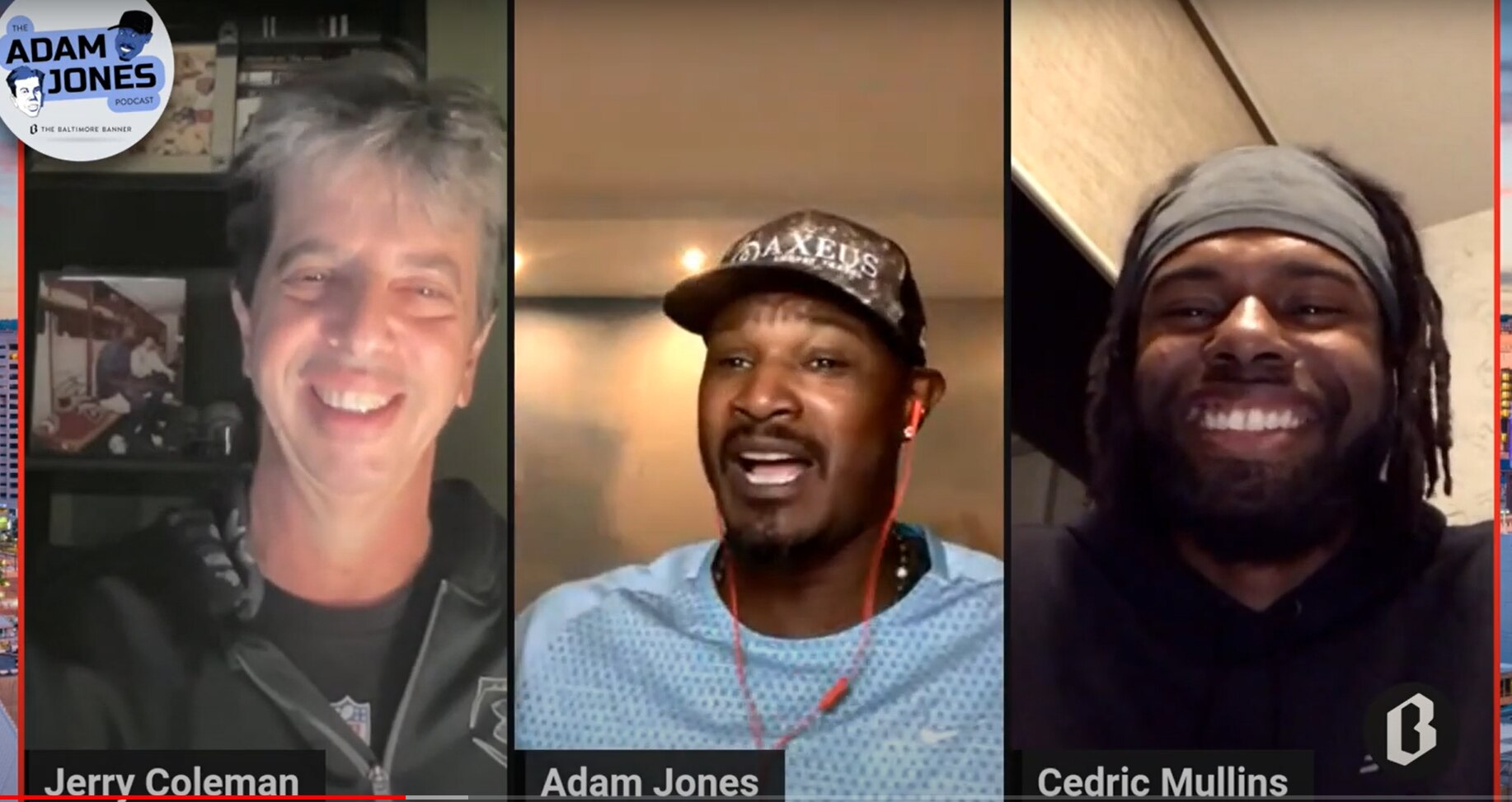 Jerry Coleman, Adam Jones and Cedric Mullins smile in a side-by-side still of a video meeting.