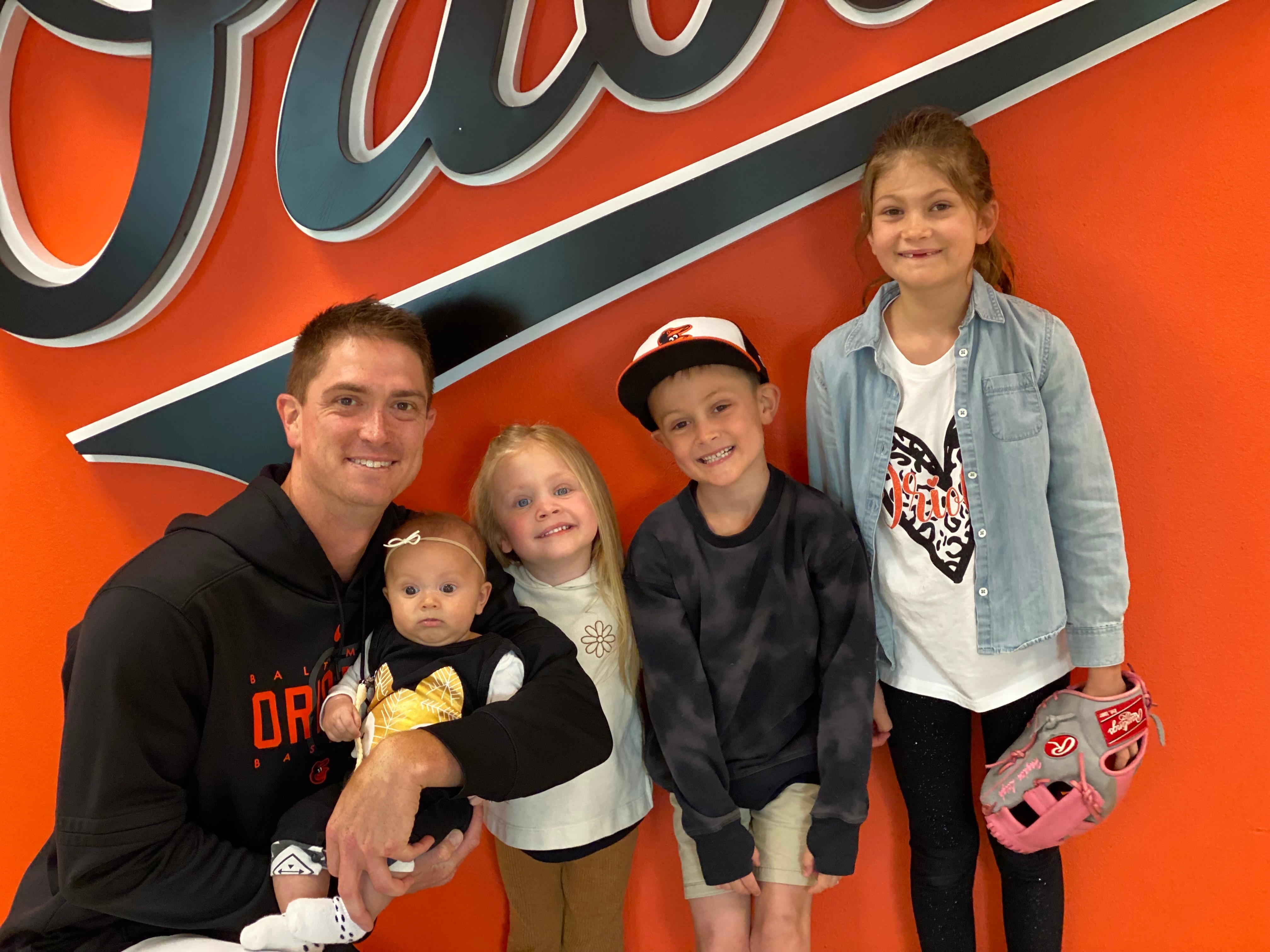 Orioles pitcher Kyle Gibson poses with his children in Baltimore. From right to left: Hayden (9), Mills (6), Rossilyn (3) and 6-month-old Novilee.