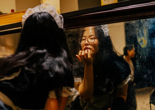 Thursday, Sept. 17, 2026 —Adrianne Lin, a member of The Johns Hopkins University Shadowcast Club applies makeup ahead of the final dress rehearsal ahead of a performance of The Rocky Horror Picture Show at JHU’s Arellano Theater.
