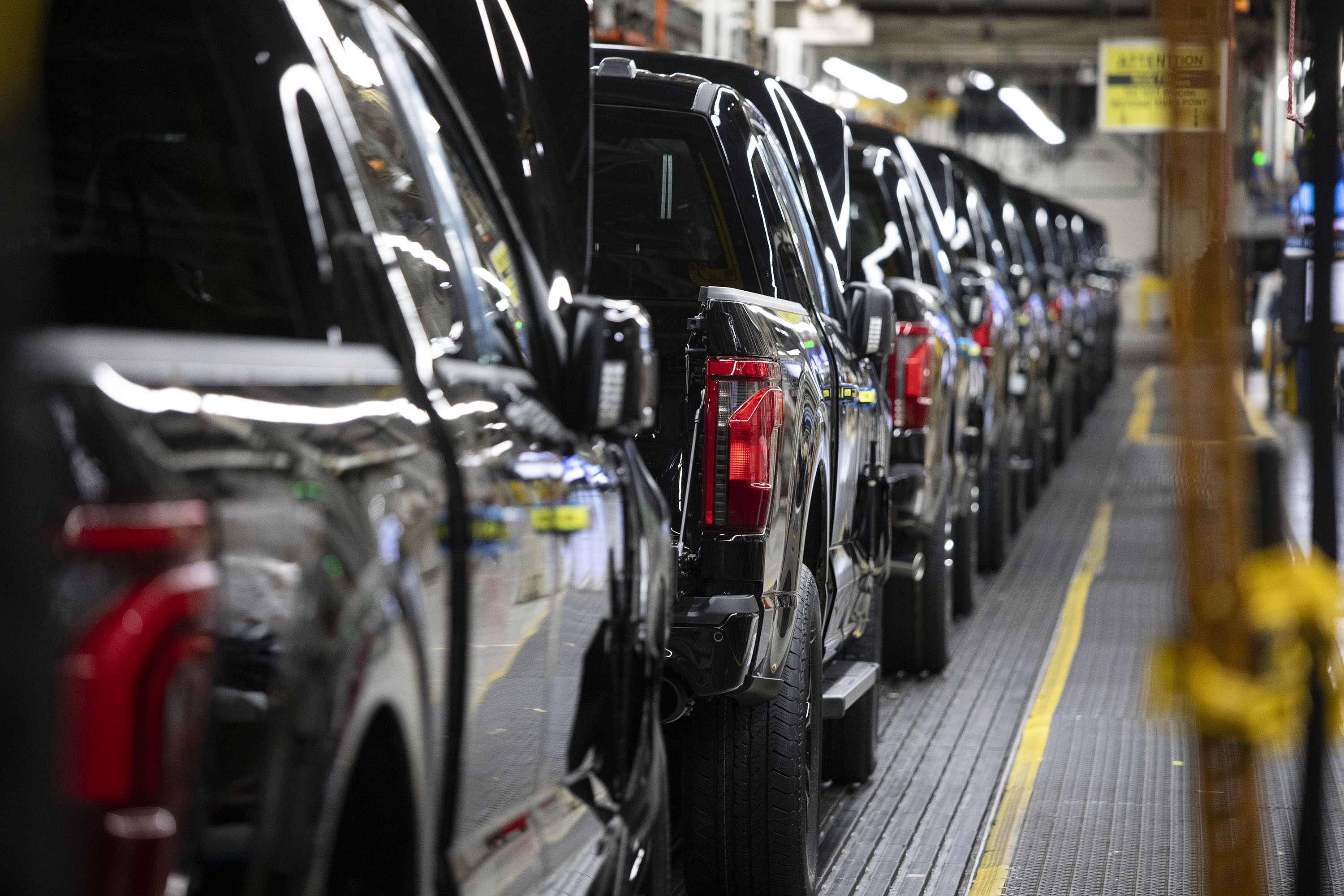 New Ford F-150 trucks go through the assembly line at the Ford Dearborn Plant on April 11, 2024 in Dearborn, Michigan.