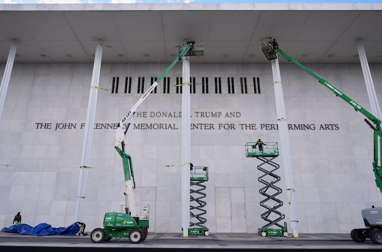 New signage, The Donald J. Trump and The John F. Kennedy Memorial Center for the Performing Arts, is unveiled on the Kennedy Center, Friday, Dec. 19, 2025, in Washington.