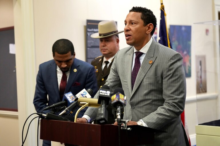 Baltimore City State’s Attorney Ivan Bates and state lawmakers promote public safety bills in the general assembly in Annapolis on February 15, 2023.