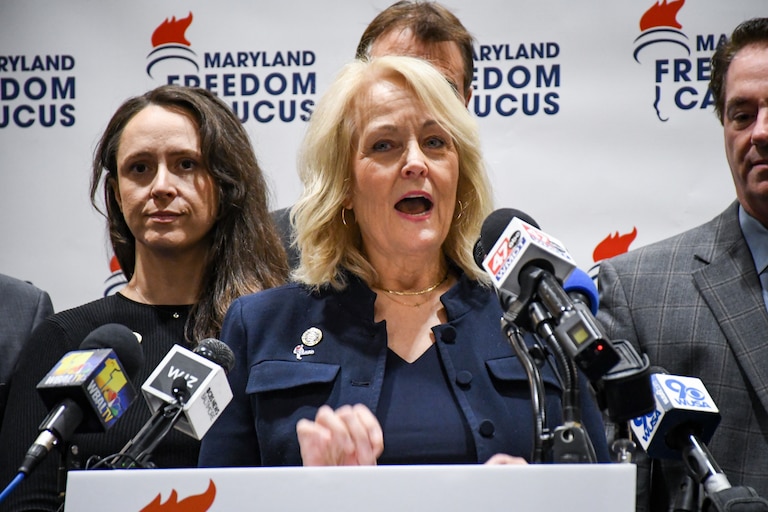 Del. Kathy Szeliga, a Baltimore County Republican and vice chair of the Maryland Freedom Caucus, speaks during a press conference hosted by the caucus in Annapolis on Thursday, Feb. 13, 2025.