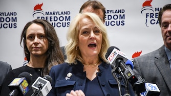 Del. Kathy Szeliga, a Baltimore County Republican and vice chair of the Maryland Freedom Caucus, speaks during a press conference hosted by the caucus in Annapolis on Thursday, Feb. 13, 2025.