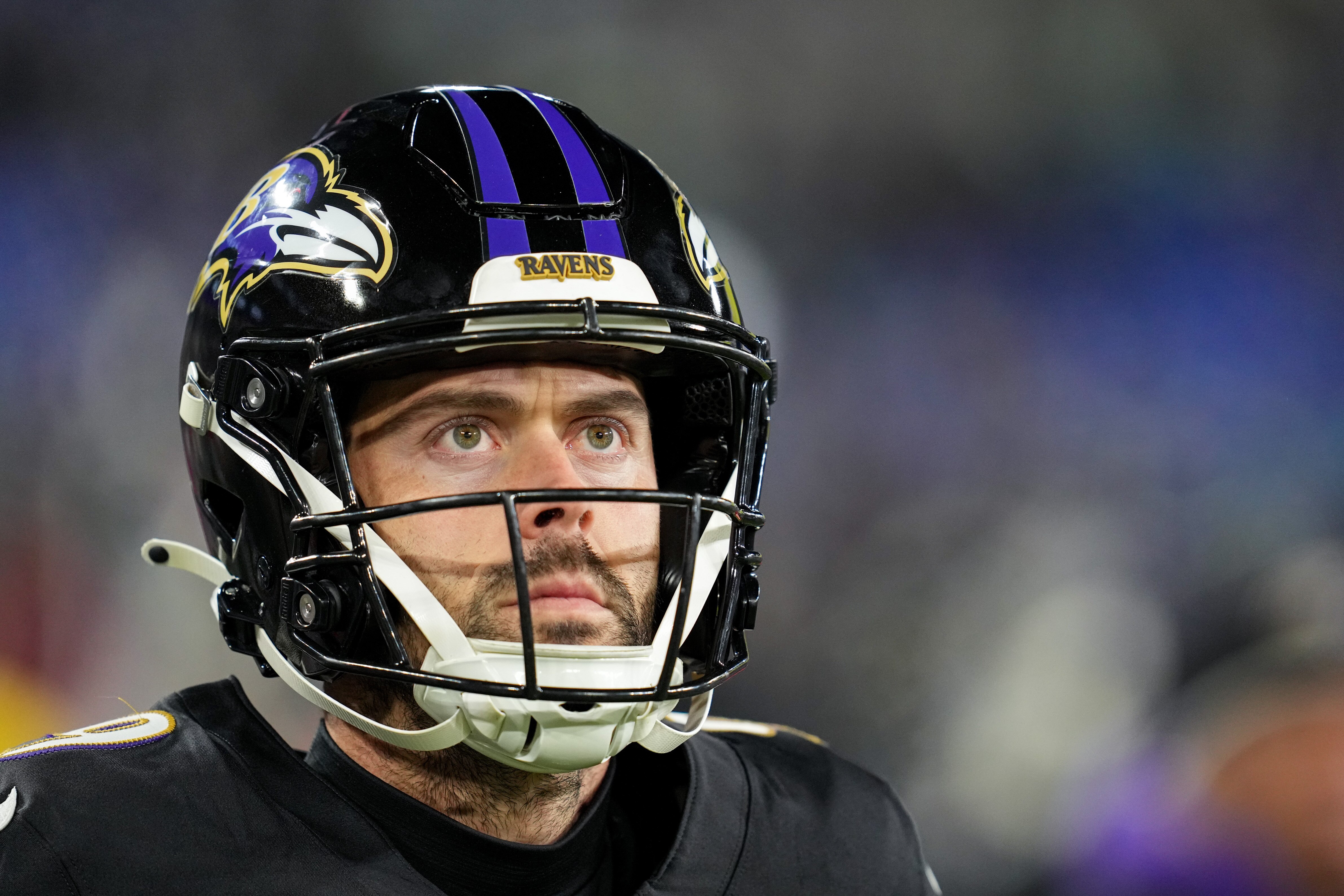 Baltimore Ravens place kicker Justin Tucker (9) watches from the sidelines during a game against the Philadelphia Eagles at M&T Bank Stadium in Baltimore, Md. on Sunday, December 1, 2024.
