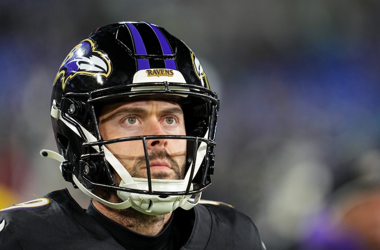 Baltimore Ravens place kicker Justin Tucker (9) watches from the sidelines during a game against the Philadelphia Eagles at M&T Bank Stadium in Baltimore, Md. on Sunday, December 1, 2024.