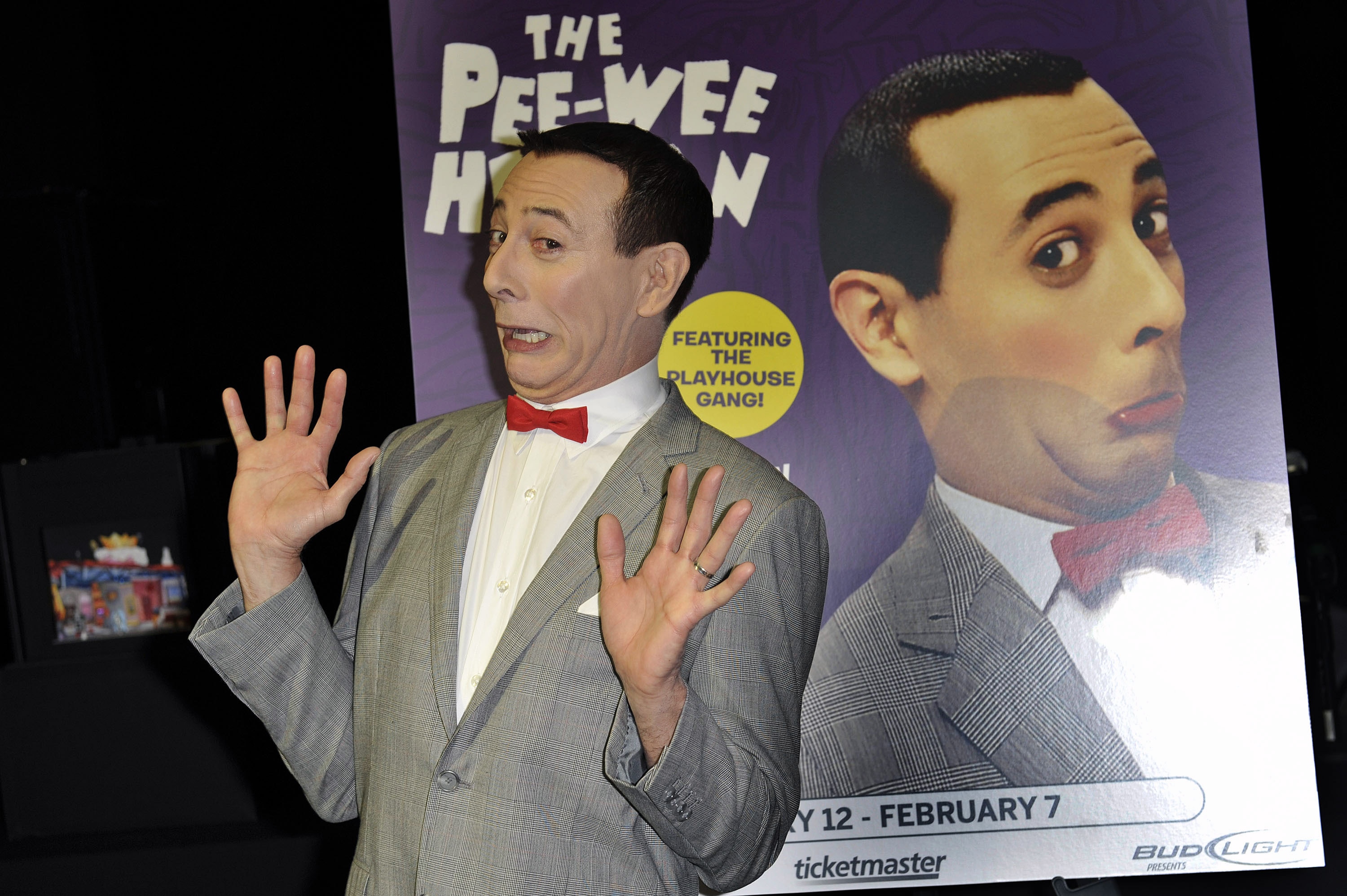 Actor Paul Reubens, playing the character Pee-wee Herman, launches his "Pee-wee Herman Show" at a press conference at Club Nokia on Dec. 7, 2009, in Los Angeles.