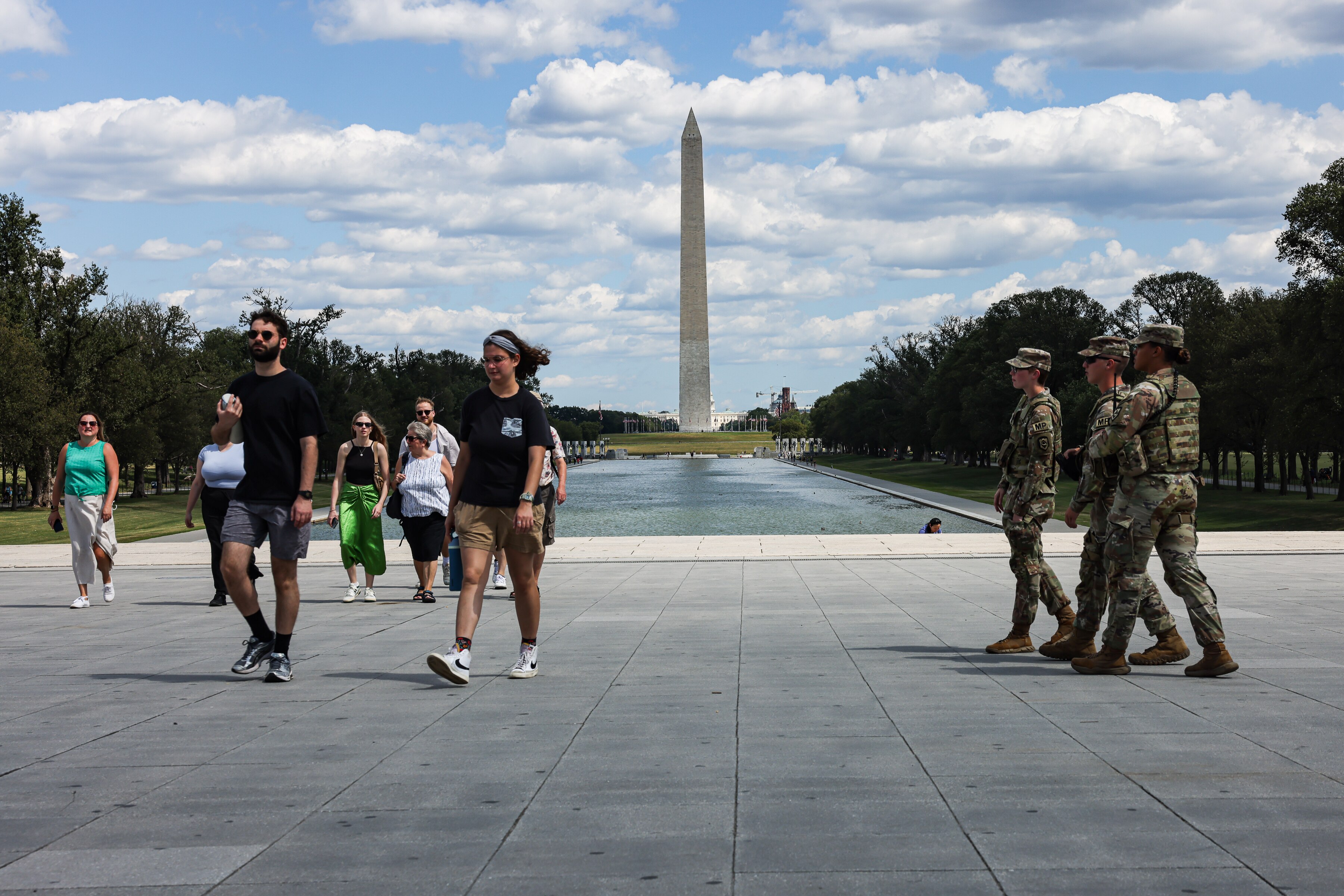 Members of the West Virginia National Guard patrol the National Mall in front of the Lincoln Memorial in August.