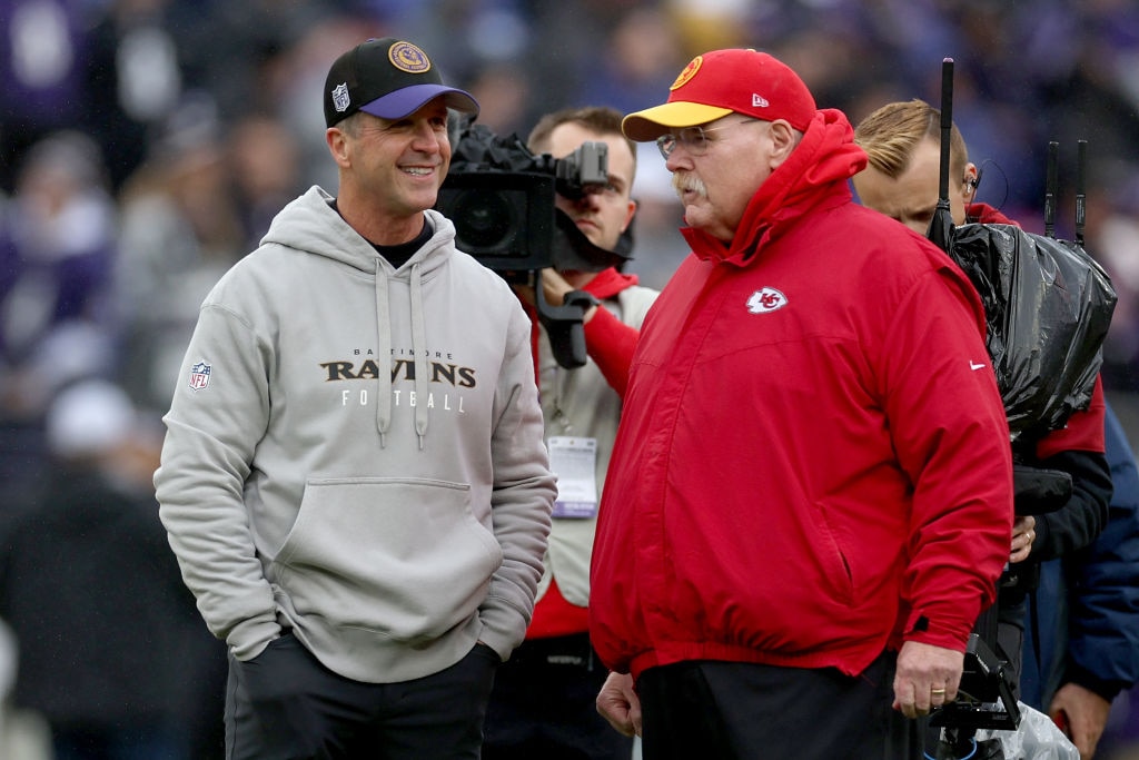 Ravens coach John Harbaugh, left, talks with Chiefs coach Andy Reid before last season’s AFC championship game in Baltimore. The teams will meet again next season in Kansas City.