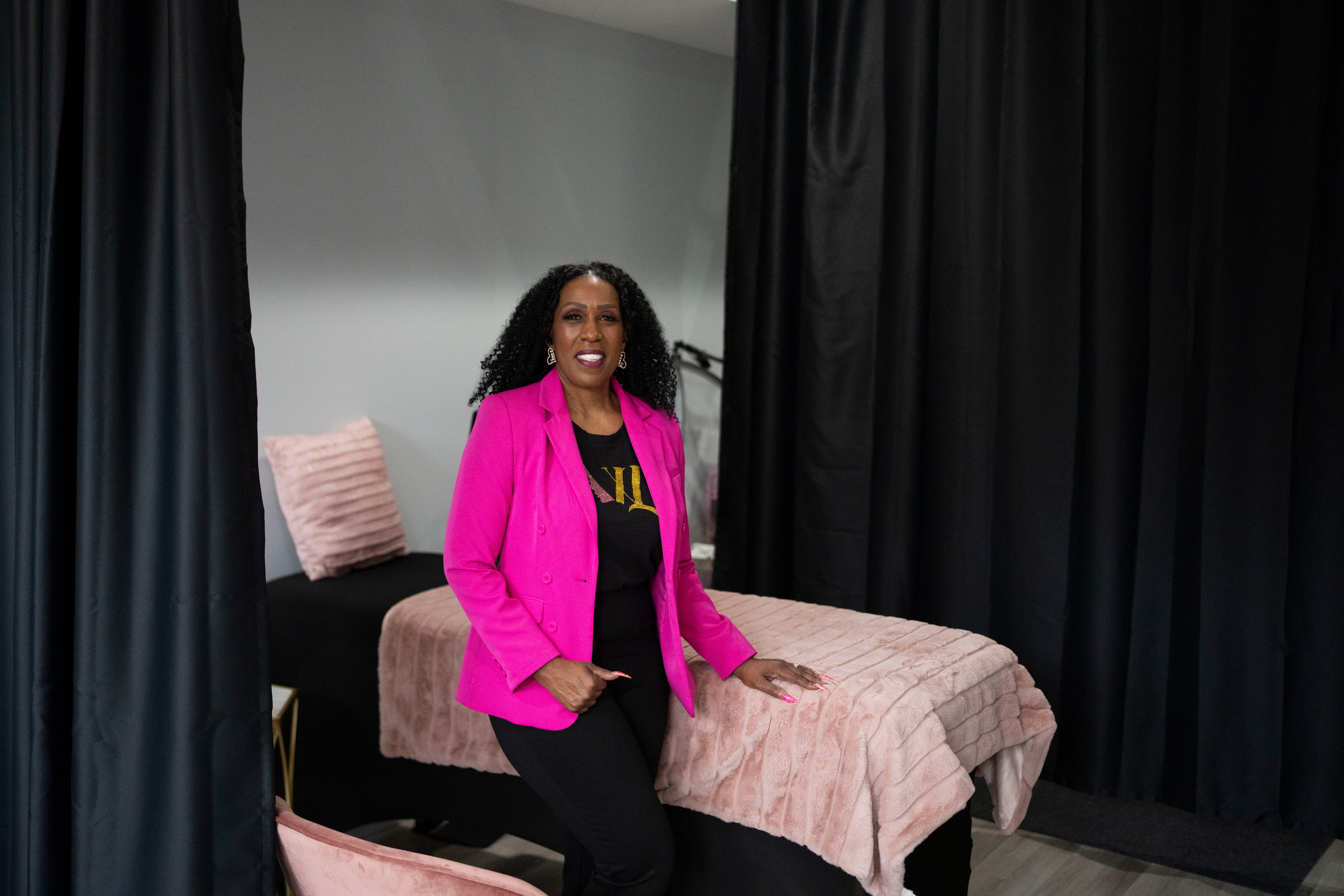 Delayna Watkins inside her workstation at the Women’s Wellness Lounge in the Good Box Boutique in Baltimore.