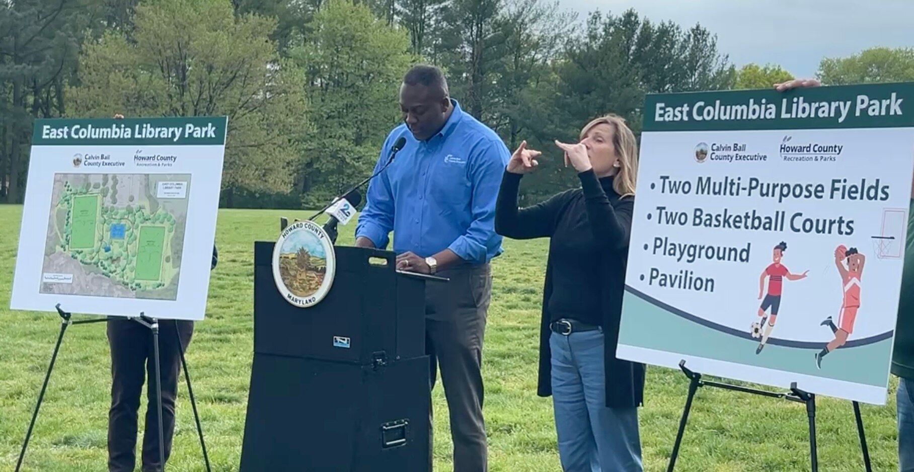 Howard County Executive Calvin Ball announces new fields, basketball courts, a playground and a pavilion at the East Columbia Library Park on April 25, 2024.