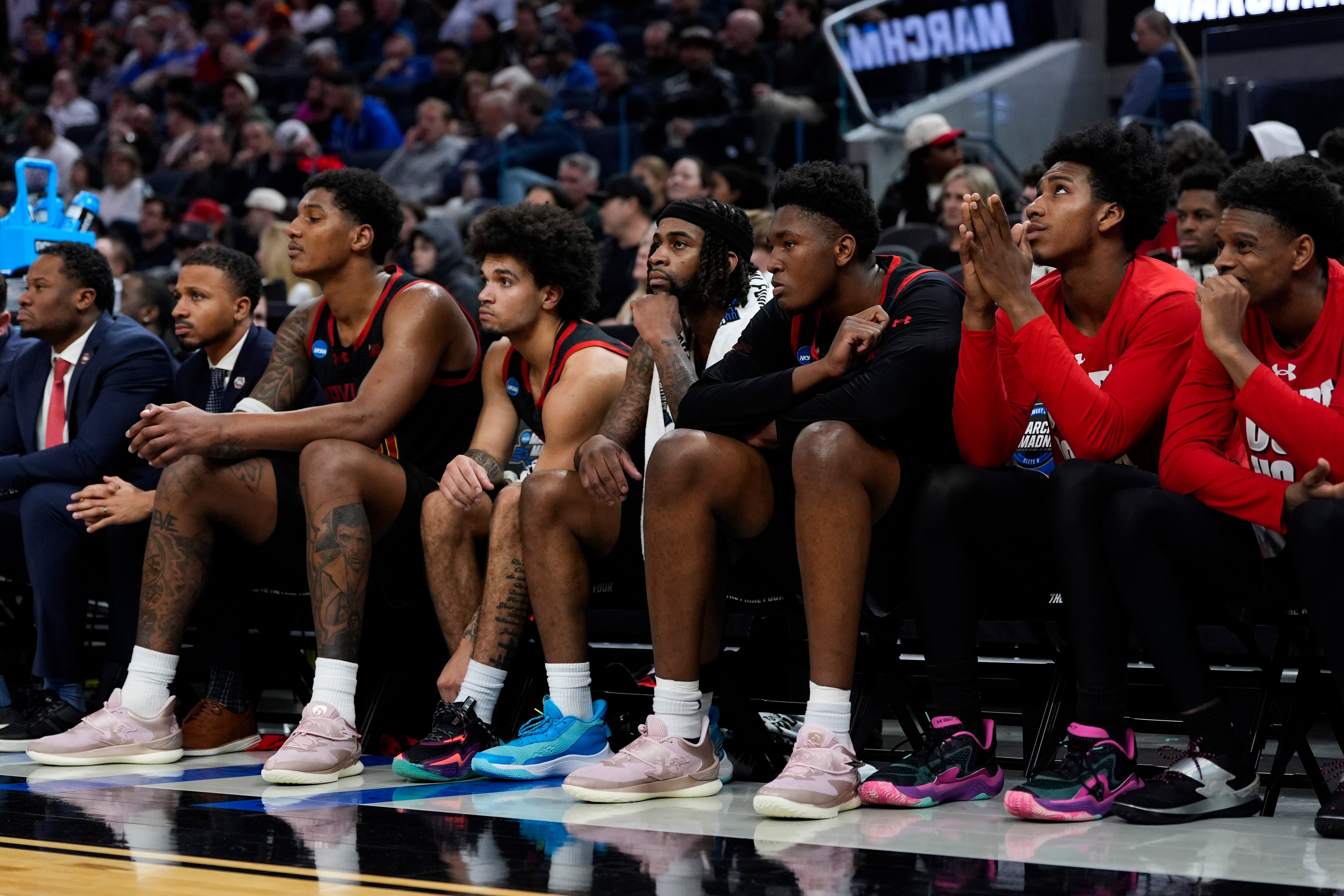 Maryland players react from the bench during the second half in the Sweet 16 of the NCAA college basketball tournament against Florida, Thursday, March 27, 2025, in San Francisco.