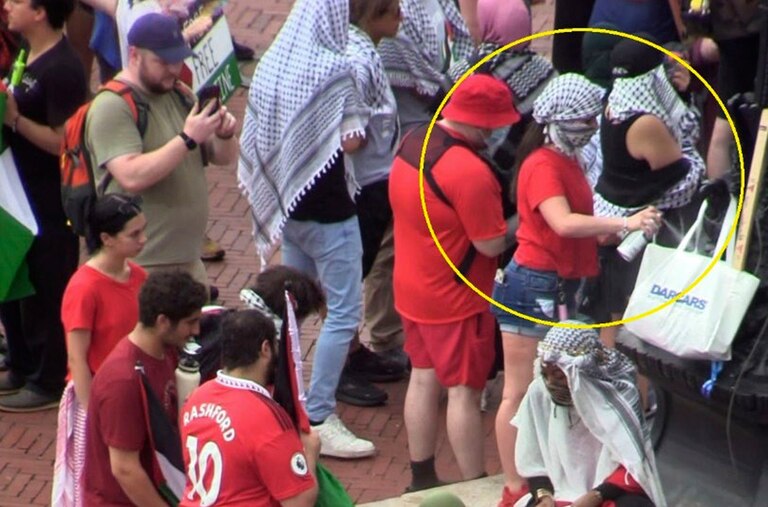 Isabella Giordano, circled in yellow, on July 24, 2024, in Washington, is charged with spray painting the base of a flagpole in Columbus Circle during a protest against Israeli Prime Minister Benjamin Netanyahu's address to Congress