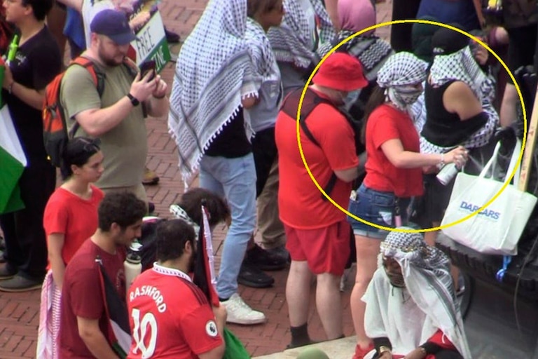 Isabella Giordano, circled in yellow, on July 24, 2024, in Washington, is charged with spray painting the base of a flagpole in Columbus Circle during a protest against Israeli Prime Minister Benjamin Netanyahu's address to Congress