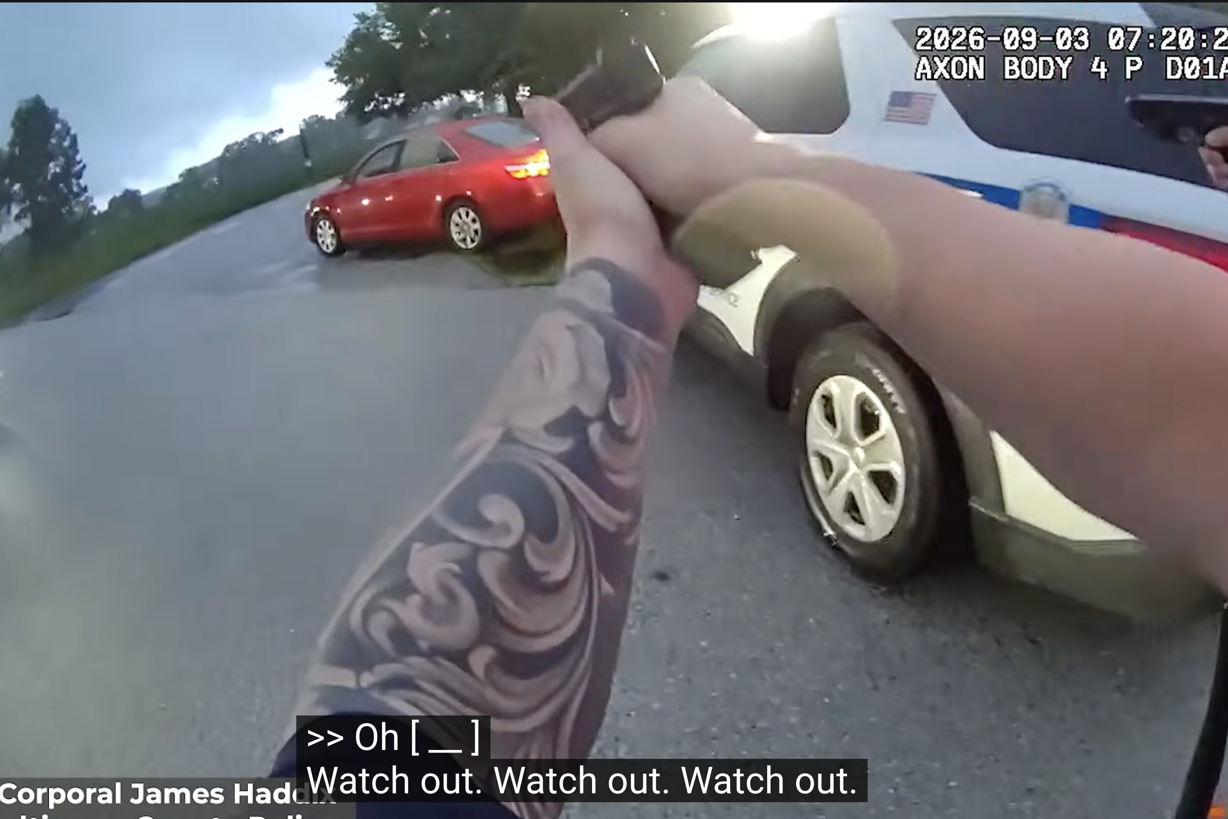 A screenshot from police bodycam video released Friday by the Maryland attorney general’s office from a fatal police shooting on Sept. 3, 2026.