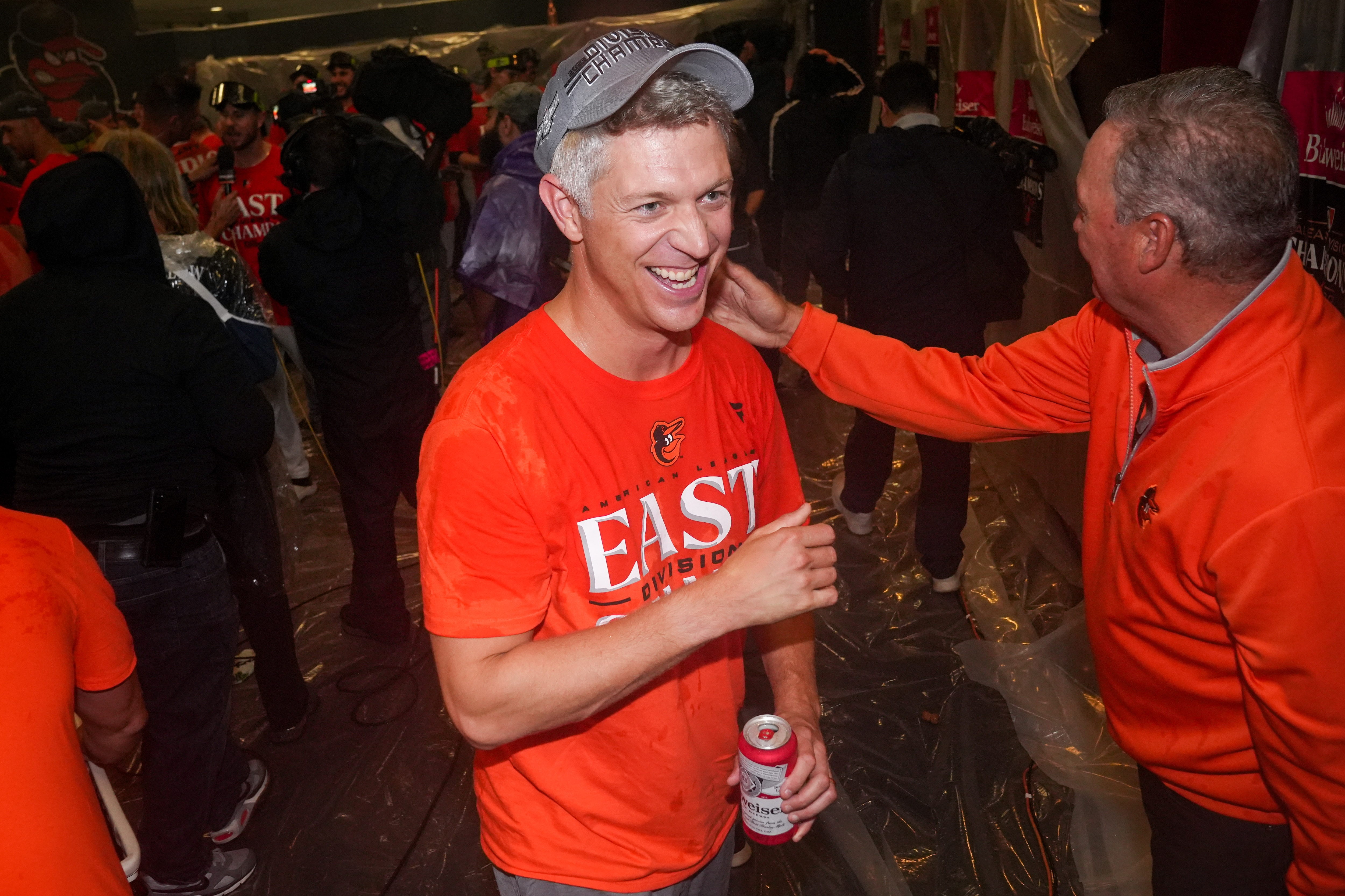 Baltimore Orioles General Manager Mike Elias celebrates in the locker room after clinching the AL East division on Thursday, Sept. 28, 2023. The beat the Boston Red Sox, 2-0, to secure control of the division.