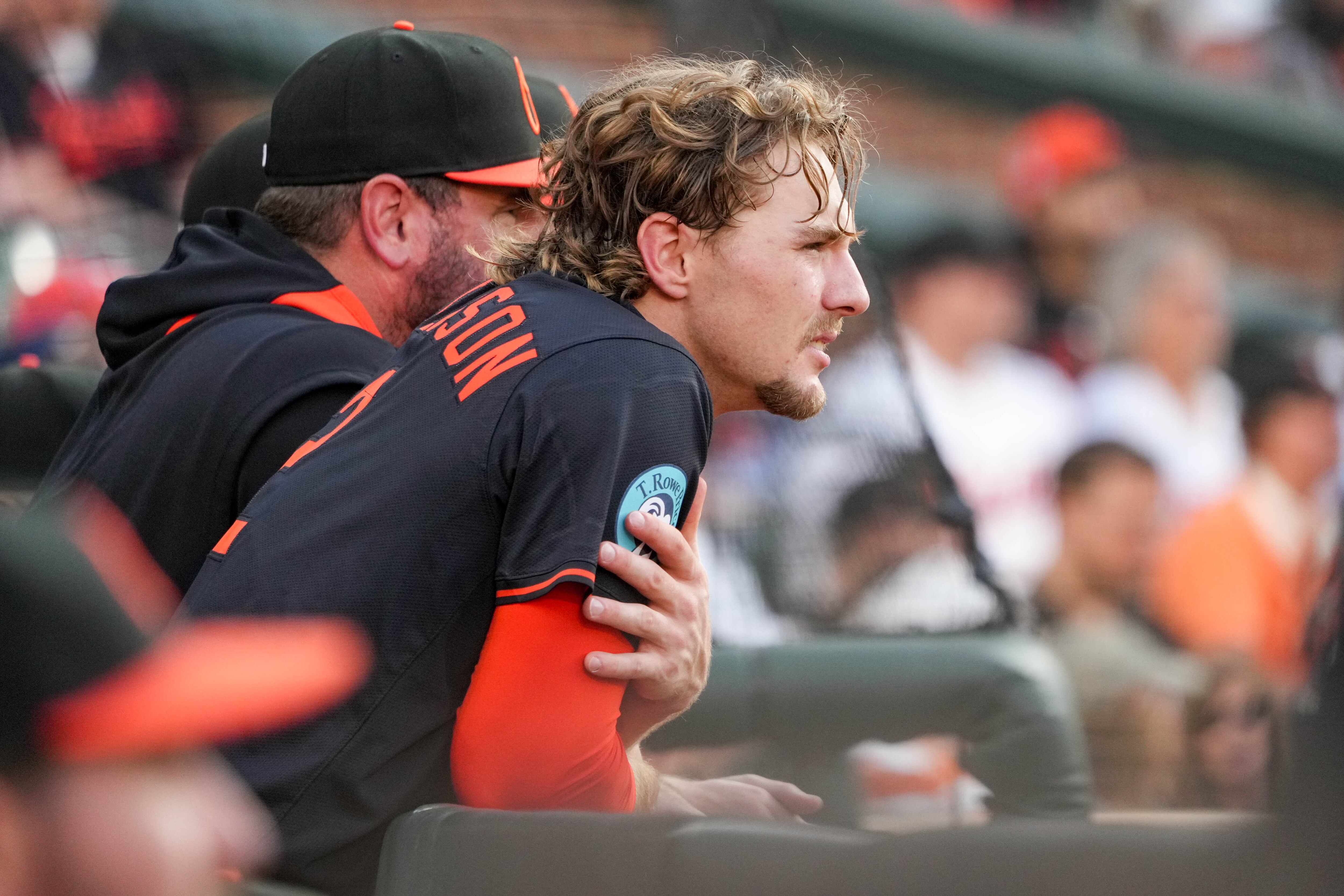 Shortstop Gunnar Henderson (2) watches his teammates from the dugout during a game against the Detroit Tigers.