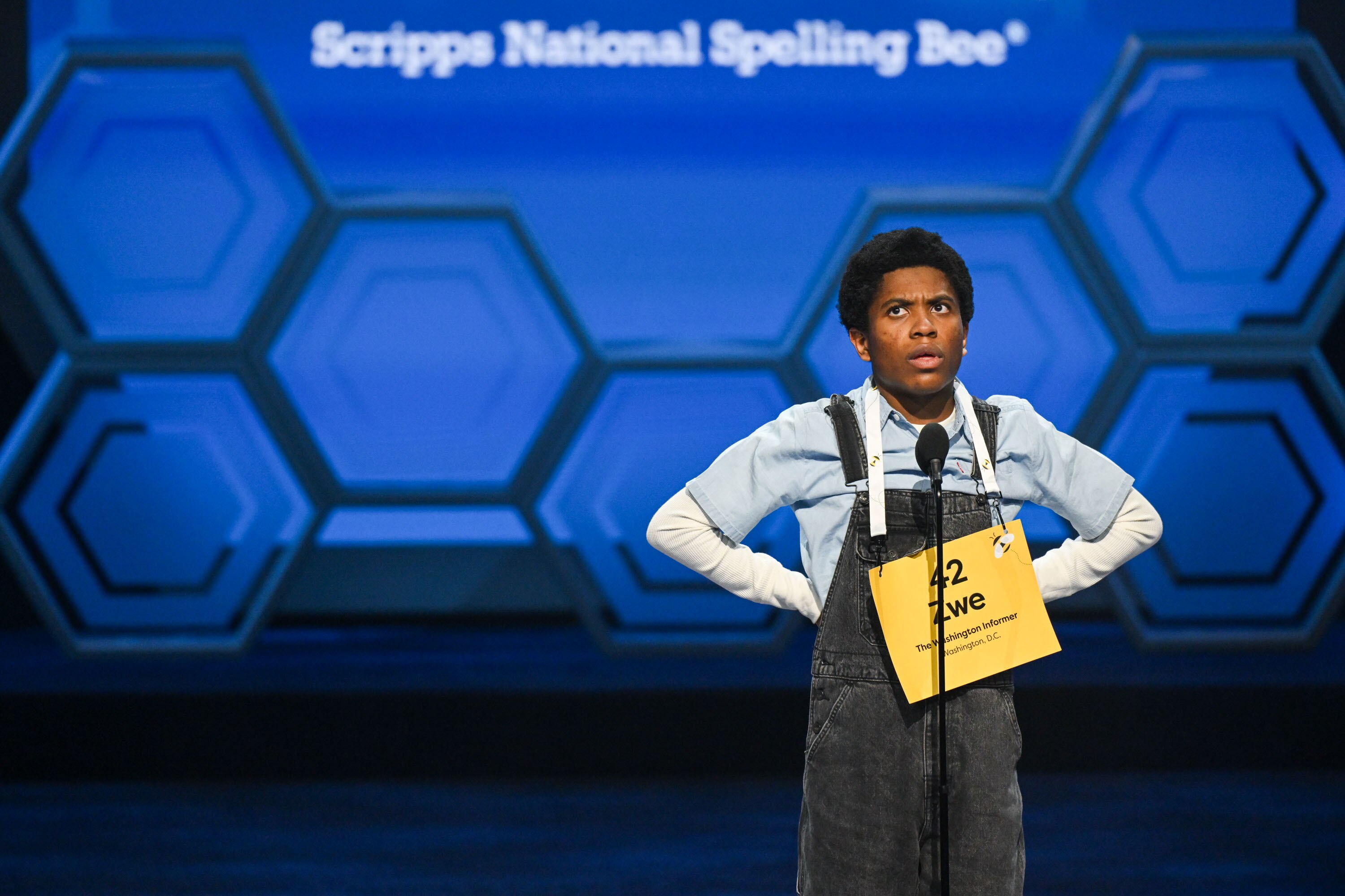 Washington, DC - May 28: Speller 42, Zwe Spacetime of Washington, D.C., representing Ralph Ellison Homeschool, competes in the Final Round of the 2026 Scripps National Spelling Bee in Washington, DC on Thursday, May 28, 2026.