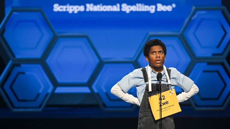 Washington, DC - May 28: Speller 42, Zwe Spacetime of Washington, D.C., representing Ralph Ellison Homeschool, competes in the Final Round of the 2026 Scripps National Spelling Bee in Washington, DC on Thursday, May 28, 2026.