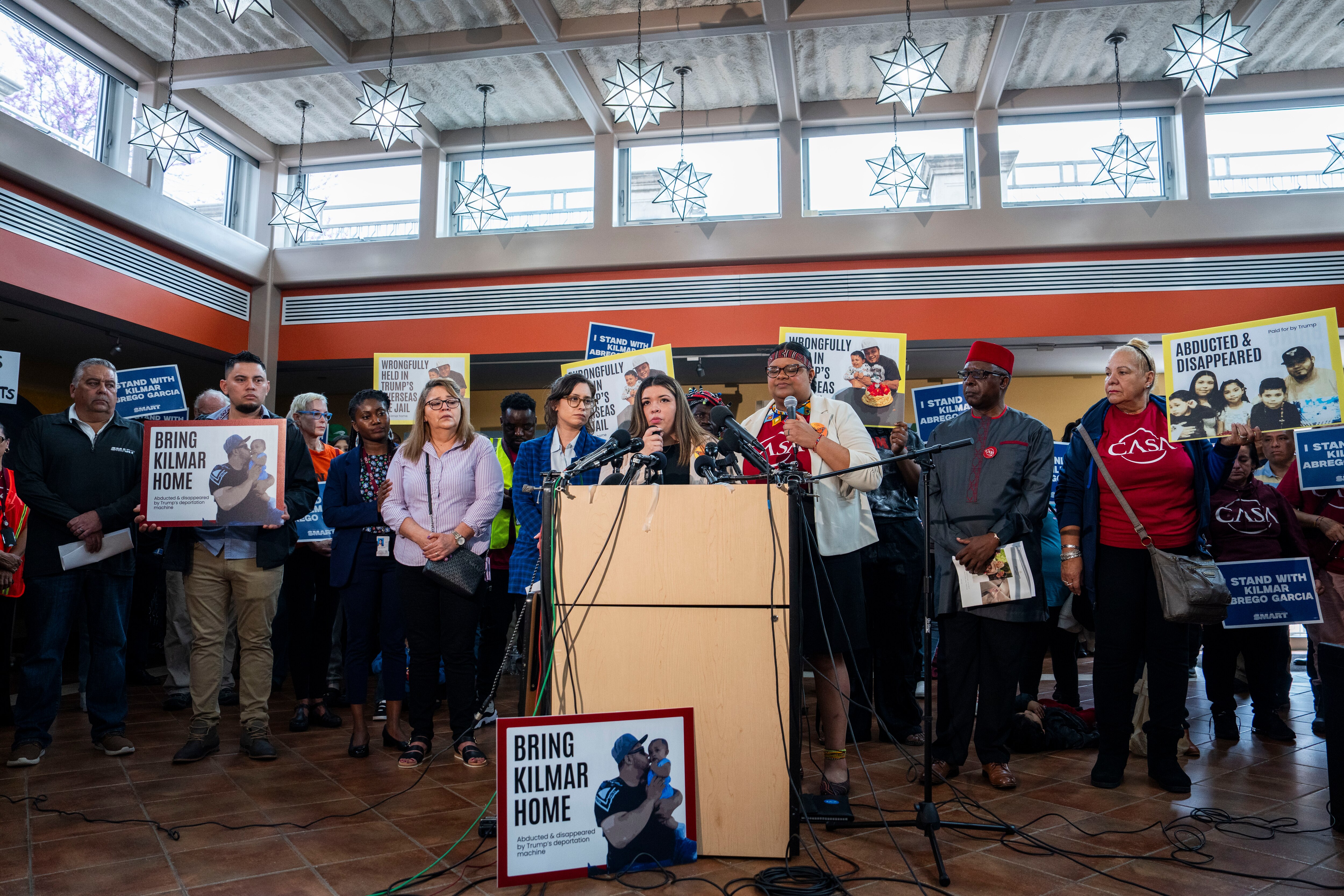 Kilmar Armando Abrego Garcia's wife Jennifer, supported by CASA, spoke at a press conference and rally to demand his return back home in Maryland on April 4, 2025.
