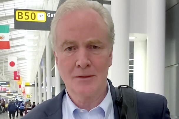 Sen Chris Van Hollen posted a video to social media from the airport before boarding a flight to El Salvador on Wednesday, April 16, 2025.
