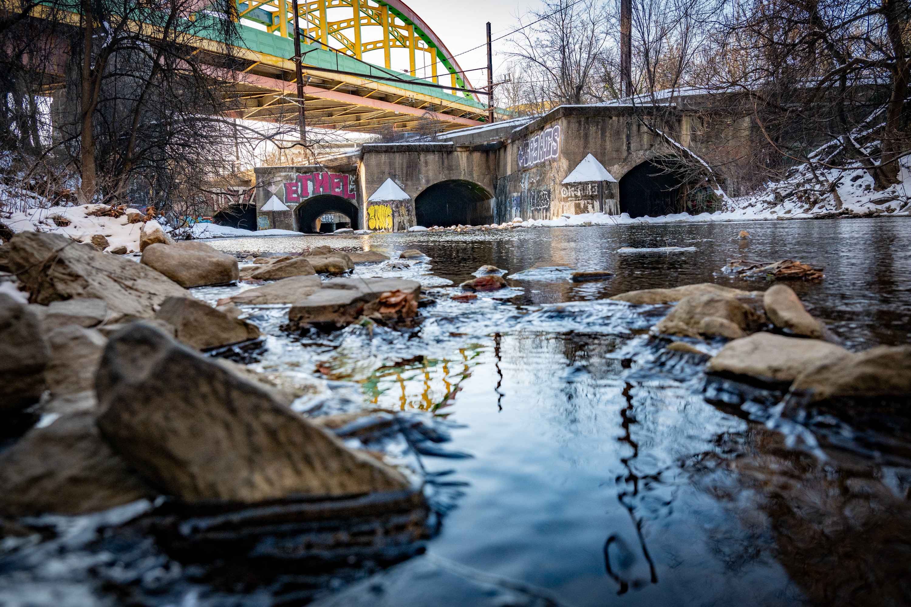 The Jones Falls enters concrete tunnels just north of Baltimore’s Penn Station for the final stretch to Lombard Street before flowing into the Inner Harbor on Thursday, January 9, 2025.