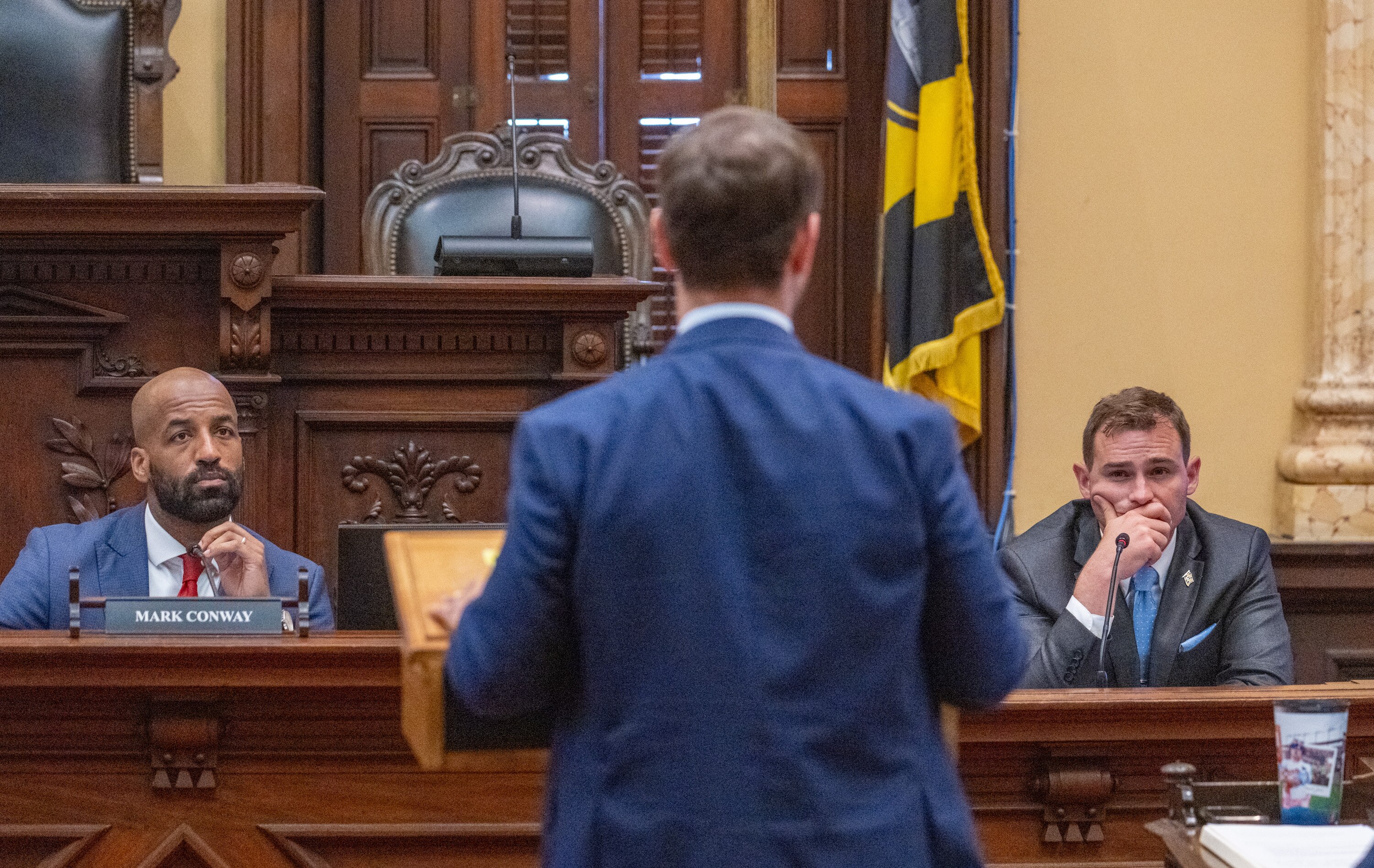 Stephen Salsbury, Deputy Solicitor, speaks before council members Mark Conway, left, and Zac Blanchard at Tuesday's hearing on underground fires.