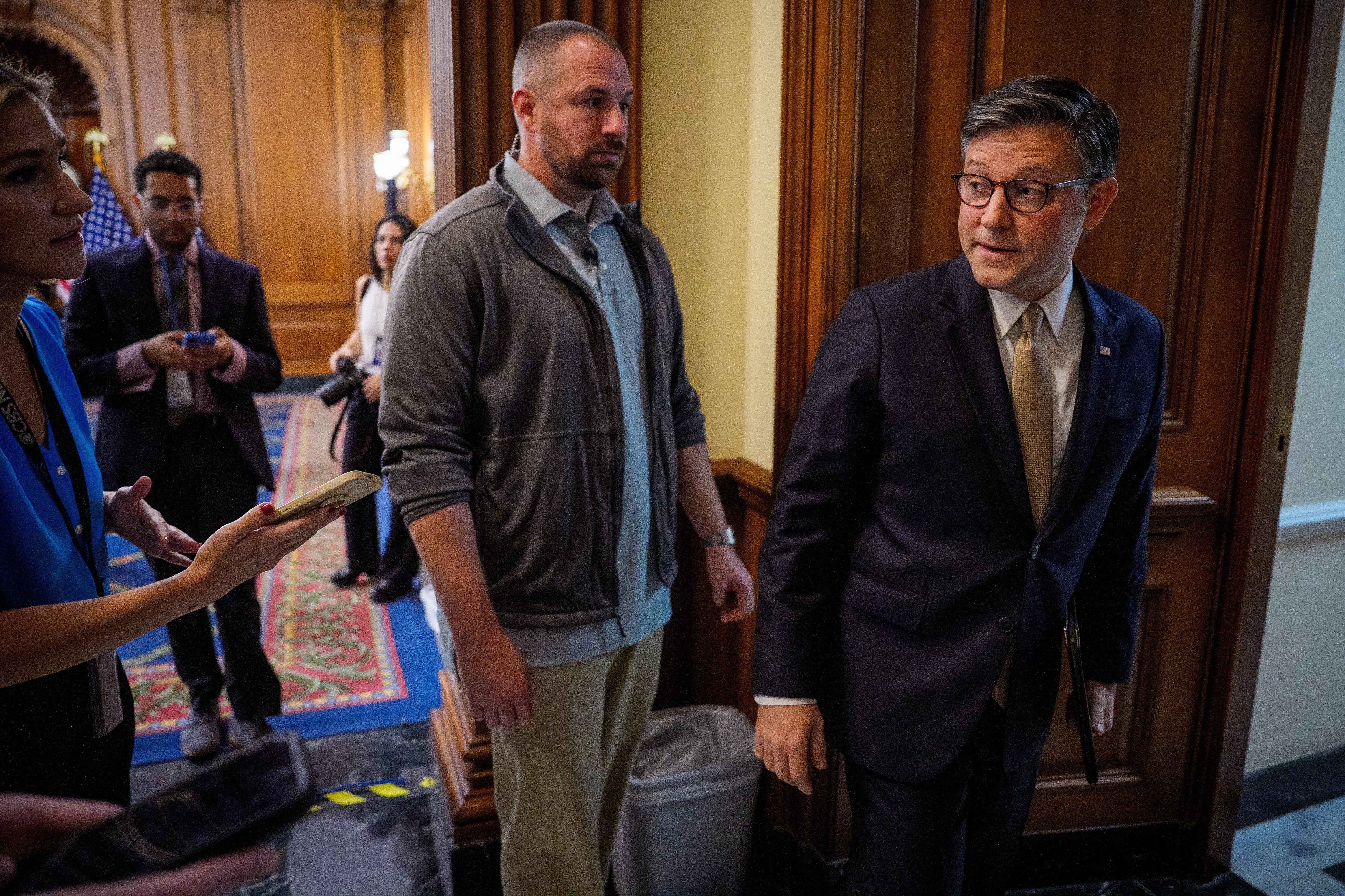 WASHINGTON, DC - OCTOBER 13: Speaker of the House Mike Johnson (R-LA) speaks to reporters as he departs a news conference on Capitol Hill on October 13, 2025 in Washington, DC. The government remains shut down after Congress failed to reach a funding deal 13 days ago.