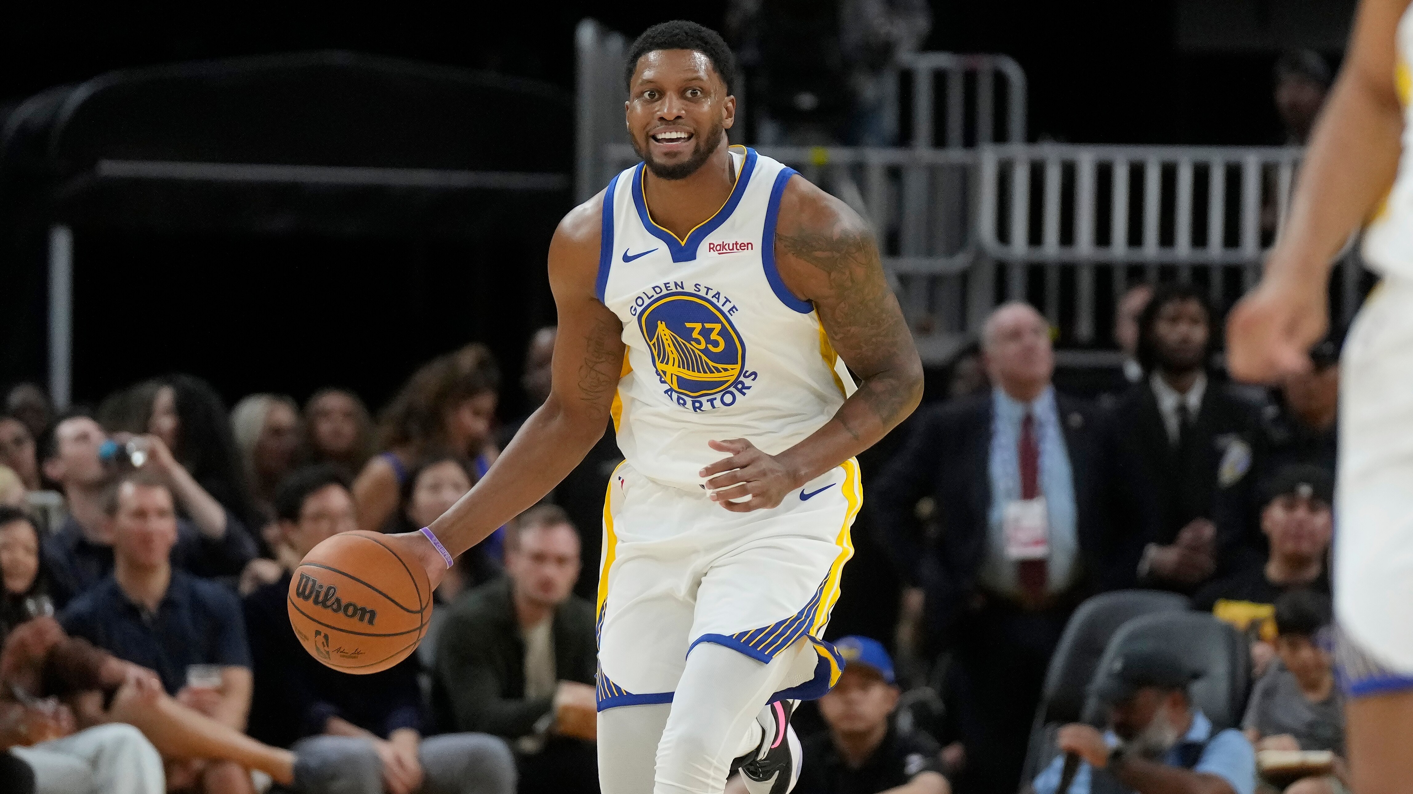 Golden State Warriors forward Rudy Gay (33) against the Los Angeles Lakers during an NBA preseason basketball game in San Francisco, Saturday, Oct. 7, 2023. (AP Photo/Jeff Chiu)