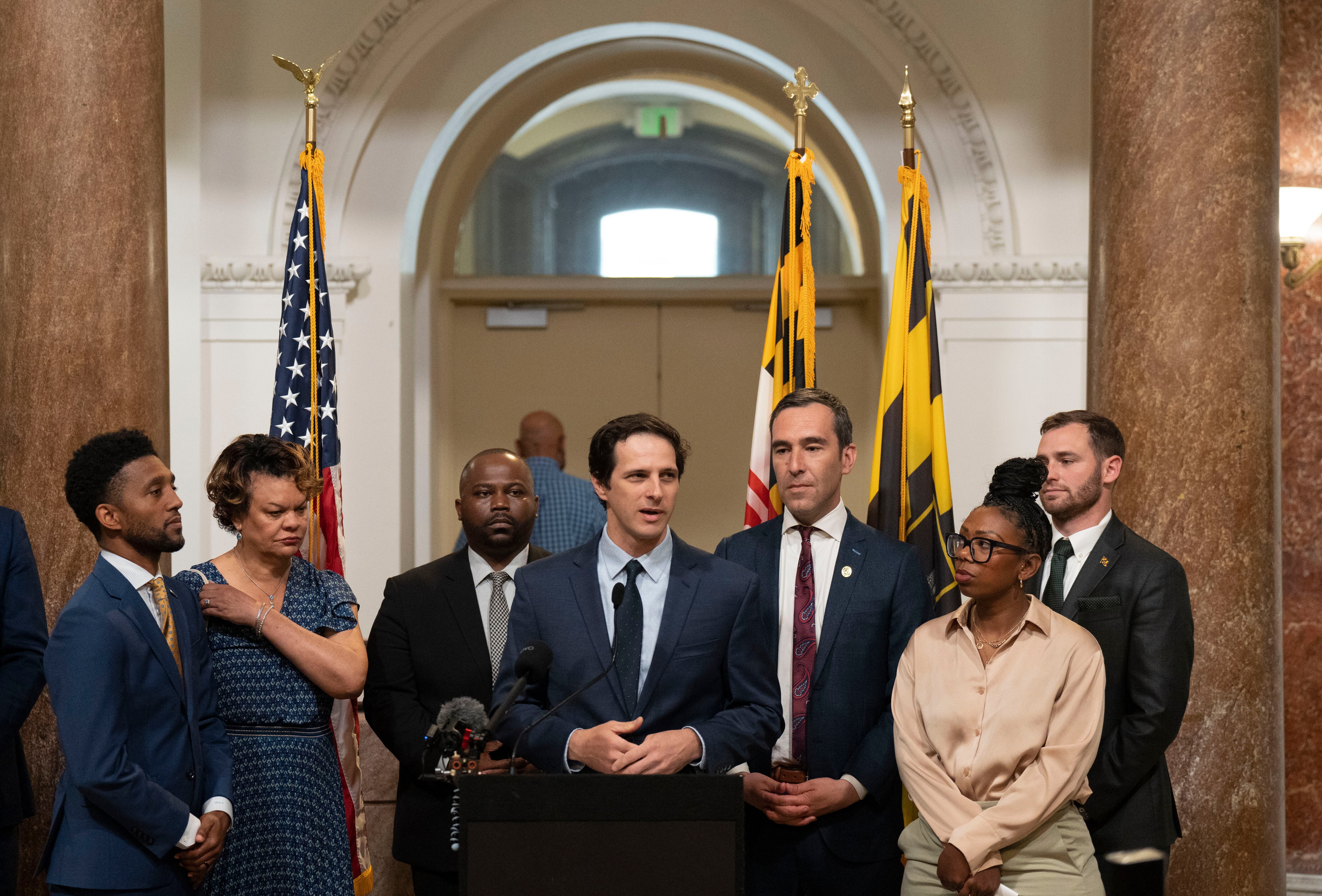 Councilmember Ryan Dorsey speaks during a press conference announcing the Housing Options and Opportunity Act at City Hall, in Baltimore, Monday, May 12, 2025.