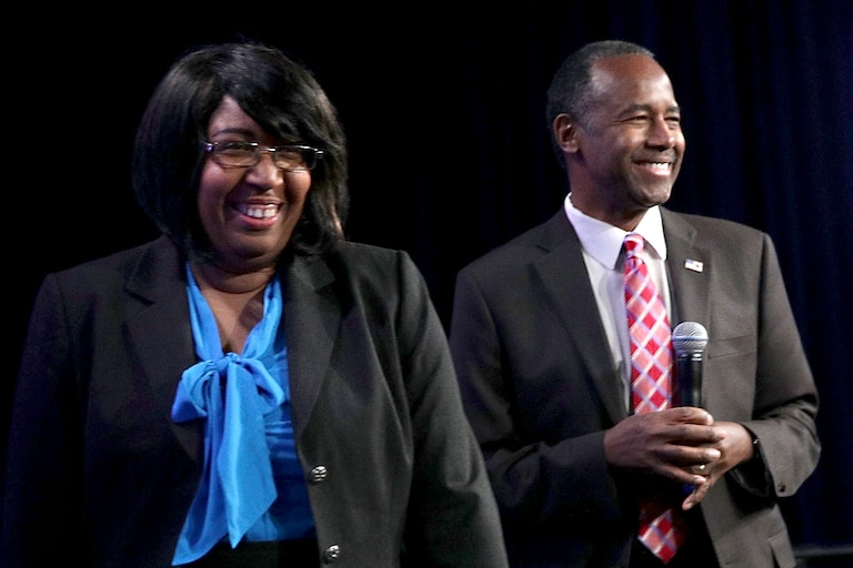 WASHINGTON, DC - MARCH 06: U.S. Housing and Urban Development (HUD) Secretary Ben Carson and his wife Candy Carson walk on stage prior to his address to his employees March 6, 2017 in Washington, DC. Secretary Carson addressed HUD employees the first time since he took office.
