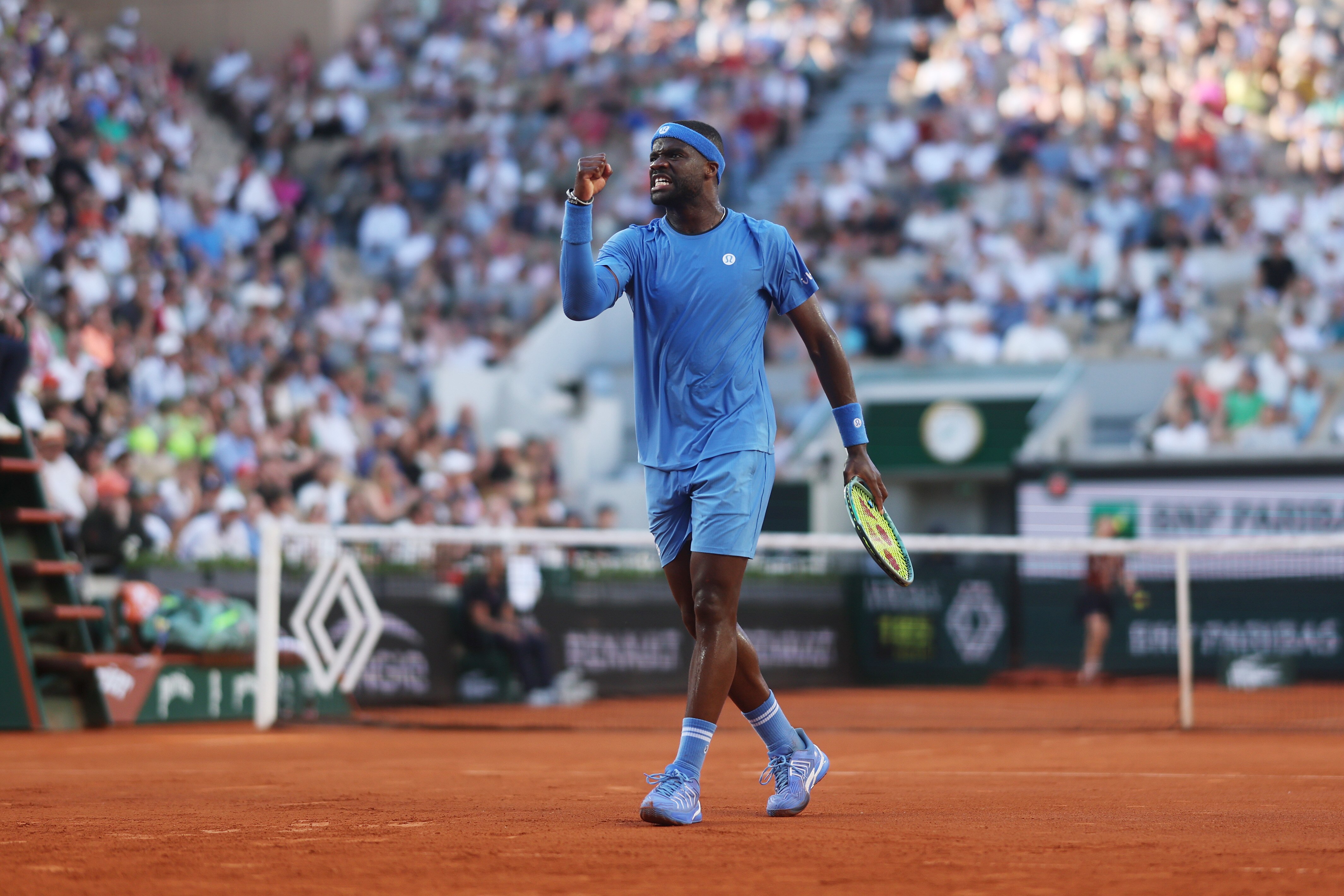 PARIS, FRANCE - MAY 30: Frances Tiafoe of United States celebrates a point against Sebastian Korda of United States during the Men's Singles Third Round match on Day Six of the 2025 French Open at Roland Garros on May 30, 2025 in Paris, France. (Photo by Adam Pretty/Getty Images)