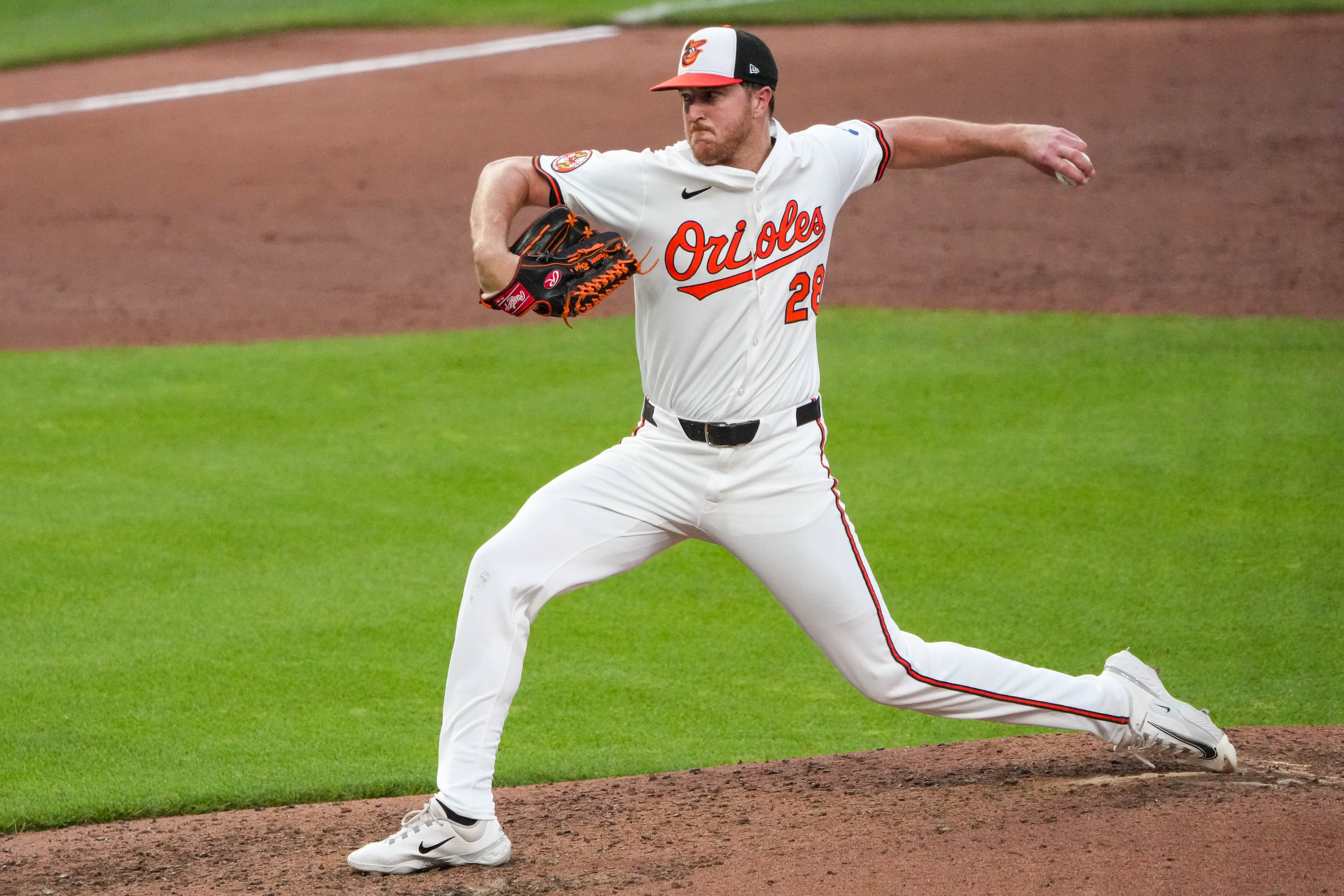 Baltimore Orioles pitcher Trevor Rogers delivers a pitch during Monday's game against the Texas Rangers.