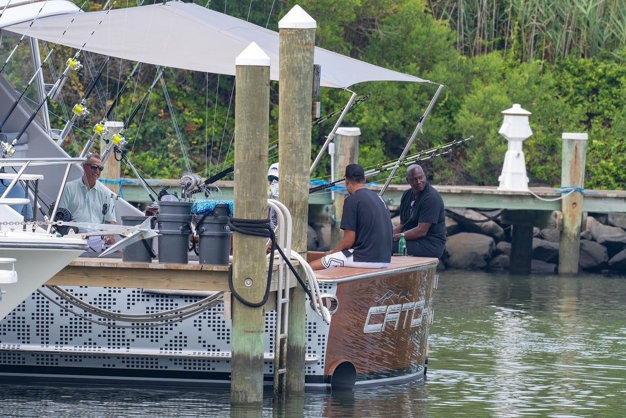 Michael Jordan was spotted with his boatmates on the Catch 23 on Day 4 of the 2025 White Marlin Open at Harbour Island Marina on Aug. 7, 2025.