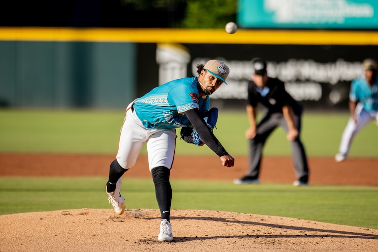 Right-hander Juaron Watts-Brown pitches for the Chesapeake Baysox.