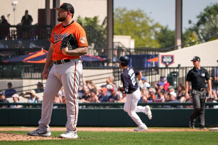 Joey Krehbiel (34) reacts to allowing multiple runs at Publix Field at Joker Marchant Stadium during the fifth inning of a game against the Detroit Tigers on 3/2/23. The Baltimore Orioles traveled to Lakeland to play the Tigers in the Florida Grapefruit League.