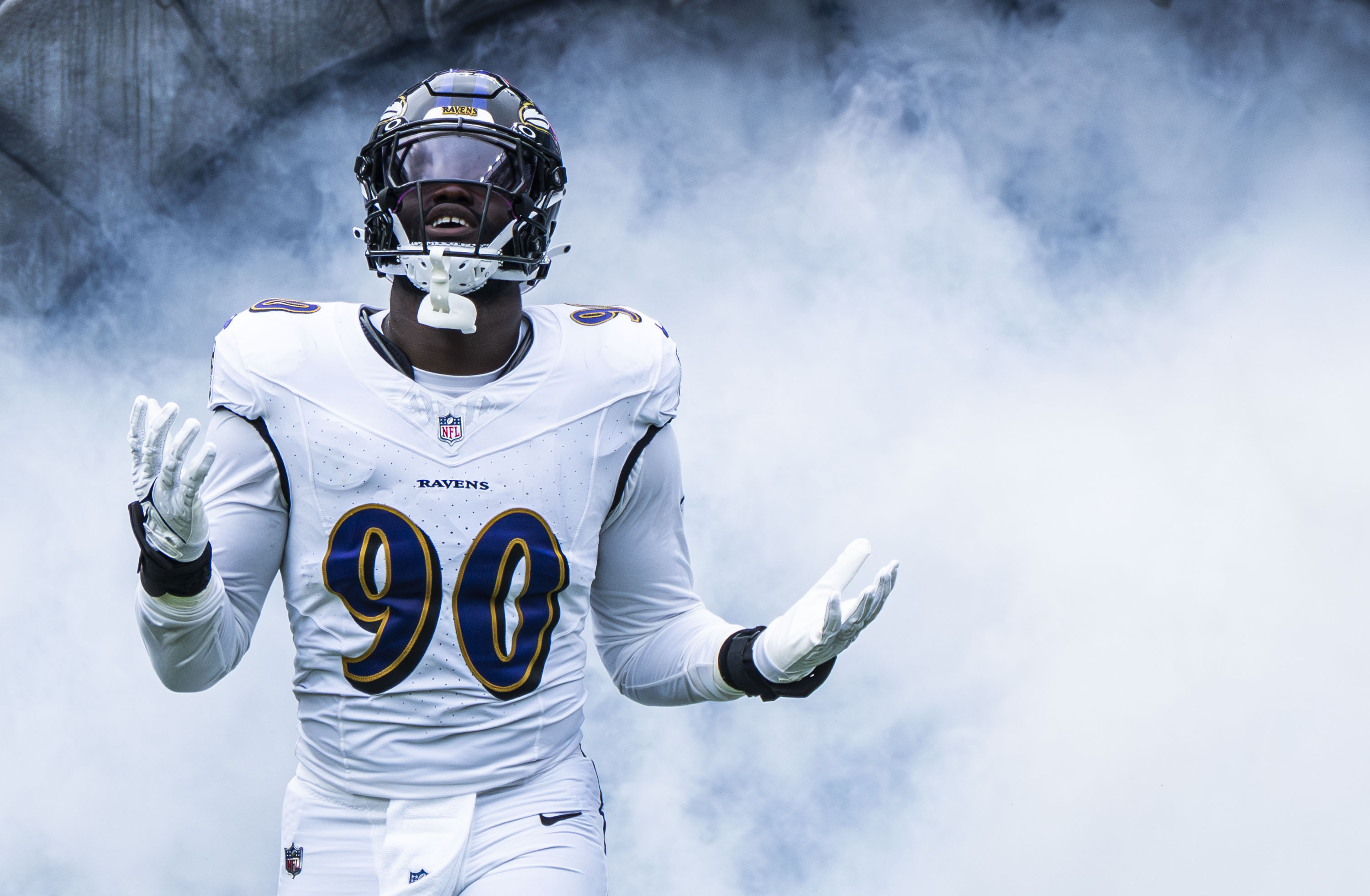 Baltimore Ravens linebacker David Ojabo exists the tunnel before the start of the preseason game against the Atlanta Falcons at M&T Bank Stadium in Baltimore on Aug. 17, 2024.