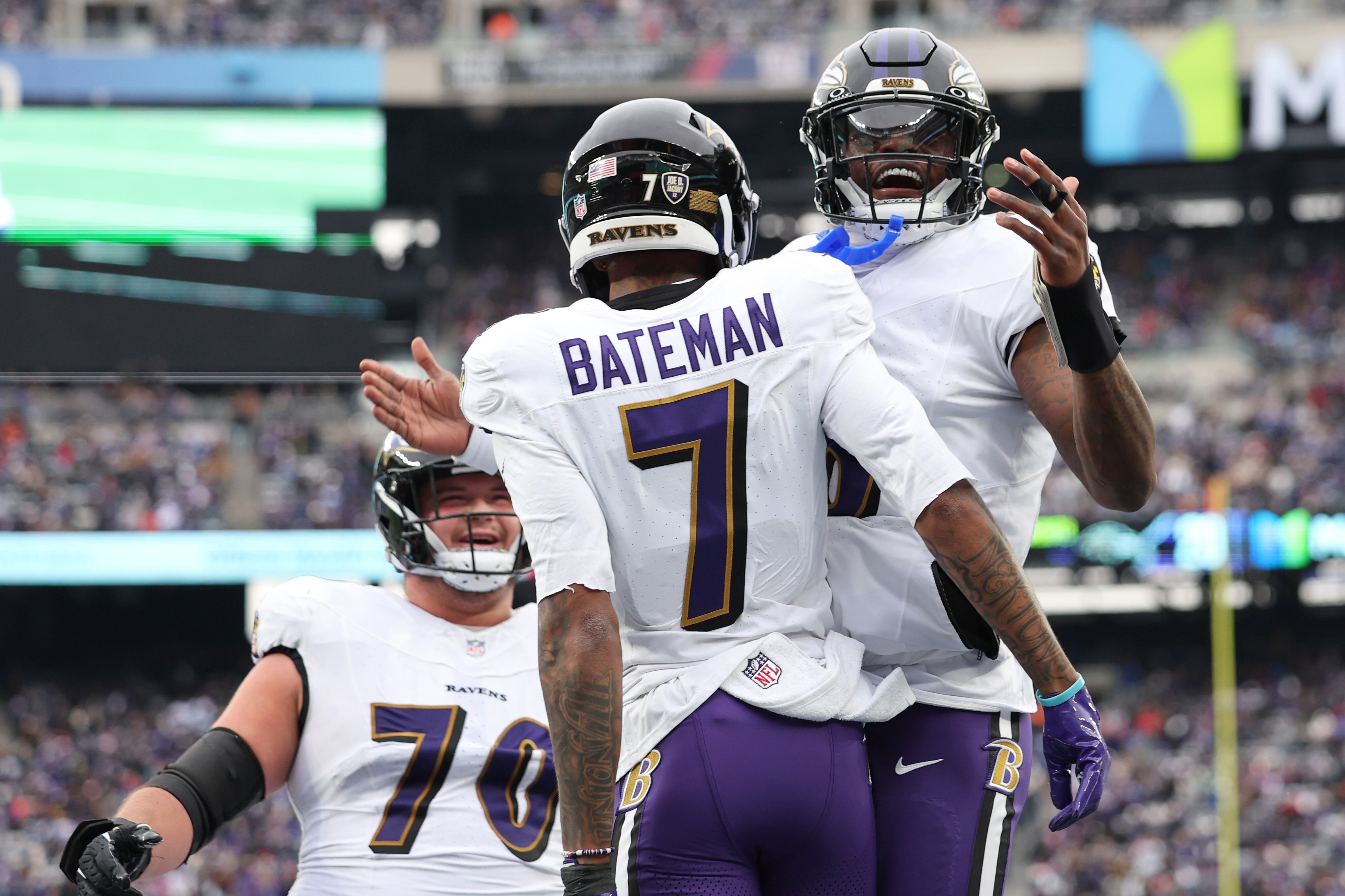 EAST RUTHERFORD, NEW JERSEY - DECEMBER 15: Rashod Bateman #7 and Lamar Jackson #8 of the Baltimore Ravens celebrate a touchdown during the second quarter of a game against the New York Giants at MetLife Stadium on December 15, 2024 in East Rutherford, New Jersey. (Photo by Luke Hales/Getty Images)