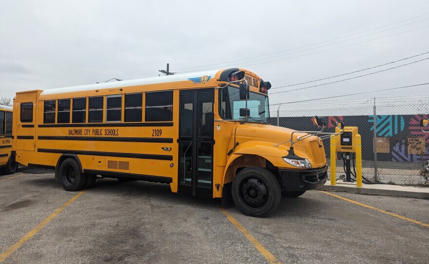 An electric school bus that’s now part of the Baltimore City Schools fleet.