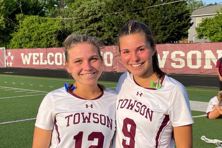 Towson seniors Brigid Vaikness (12) and Averry Briggs (9) played key roles in leading the No. 11 Generals to a 13-4 victory over Catonsville in the Class 3A state girls lacrosse semifinals Wednesday evening. Vaikness took the draw, helping the Generals dominate possession especially in the first half. Briggs scored three goals and had four assists to boost the Generals into the state quarterfinals for the first time since 2008.