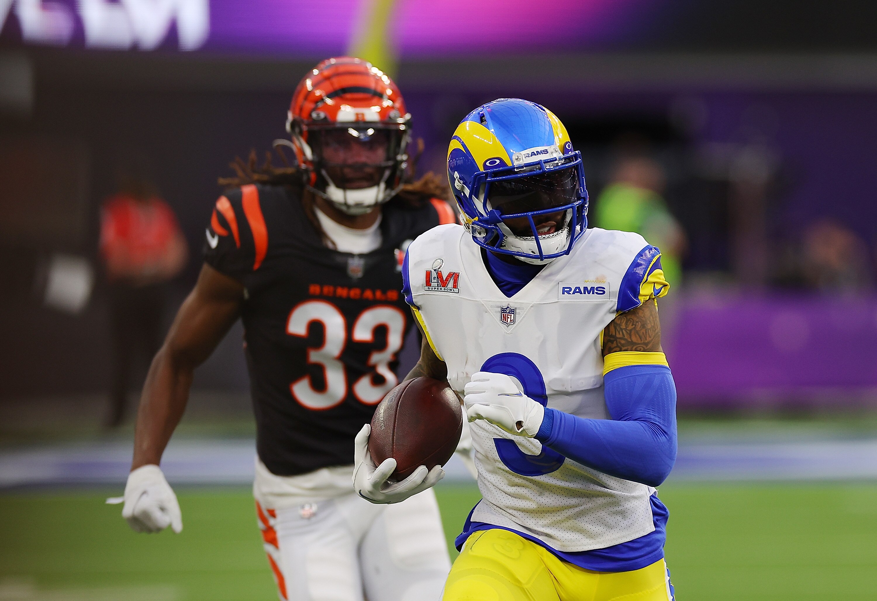 INGLEWOOD, CALIFORNIA - FEBRUARY 13: Odell Beckham Jr. #3 of the Los Angeles Rams runs with the ball in the second quarter during Super Bowl LVI against the Cincinnati Bengals at SoFi Stadium on February 13, 2022 in Inglewood, California.