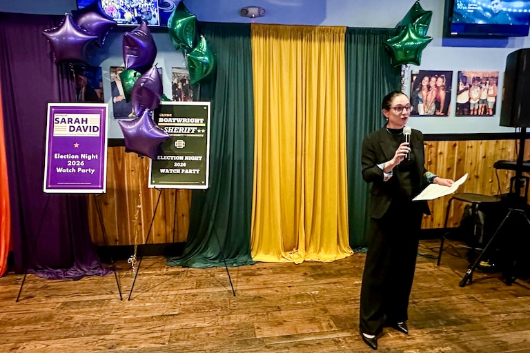 Sarah David, frontrunner for Baltimore County State's Attorney's Office, addresses the crowd at her watch party in Towson on Tuesday, June 23, 2026. David is a progressive challenger to 19-year incumbent Scott Shellenberger.