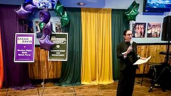 Sarah David, frontrunner for Baltimore County State's Attorney's Office, addresses the crowd at her watch party in Towson on Tuesday, June 23, 2026. David is a progressive challenger to 19-year incumbent Scott Shellenberger.