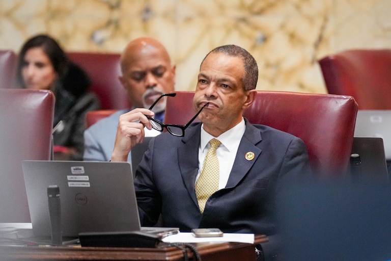 Senate President Pro Tem Malcolm Augustine listens to floor debate at the Maryland State House on Sine Die in Annapolis, Md. on Monday, April 7, 2025.