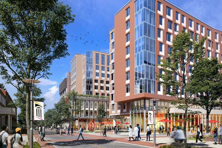 A rendering of the north quad shows new development planned by the University of Maryland, Baltimore for residential buildings, restaurant space and outdoor areas.