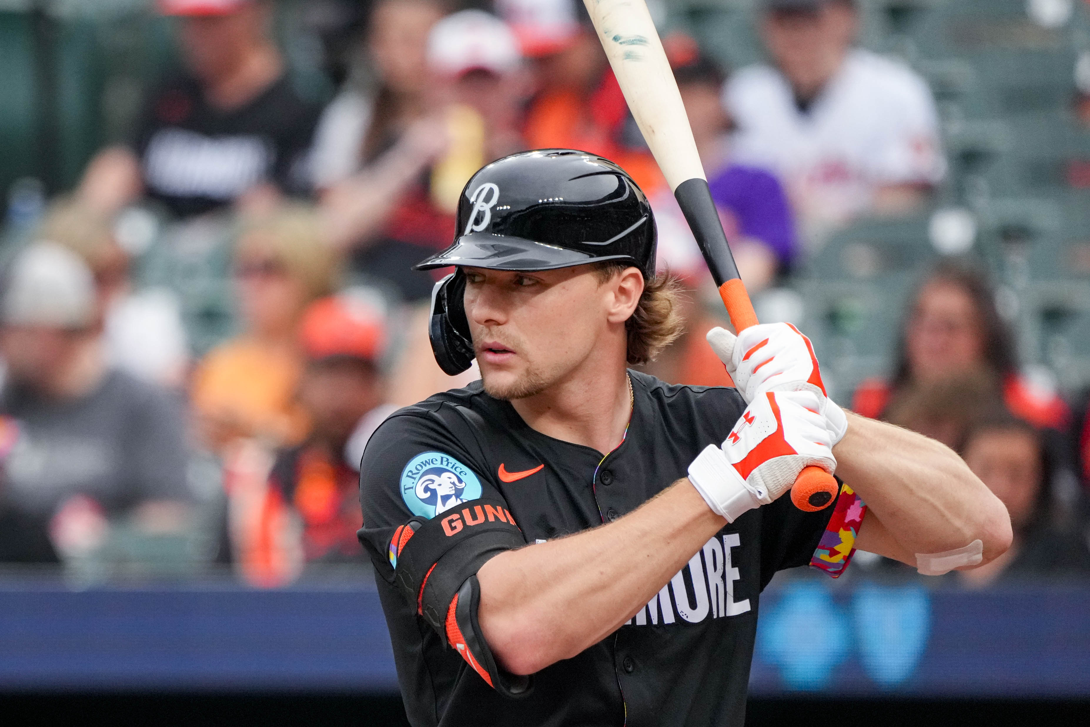 Baltimore Orioles shortstop Gunnar Henderson (2) prepares for his at-bat in a game against the Chicago White Sox at Oriole Park at Camden Yards in Baltimore, Md. on Friday, May 30, 2025.